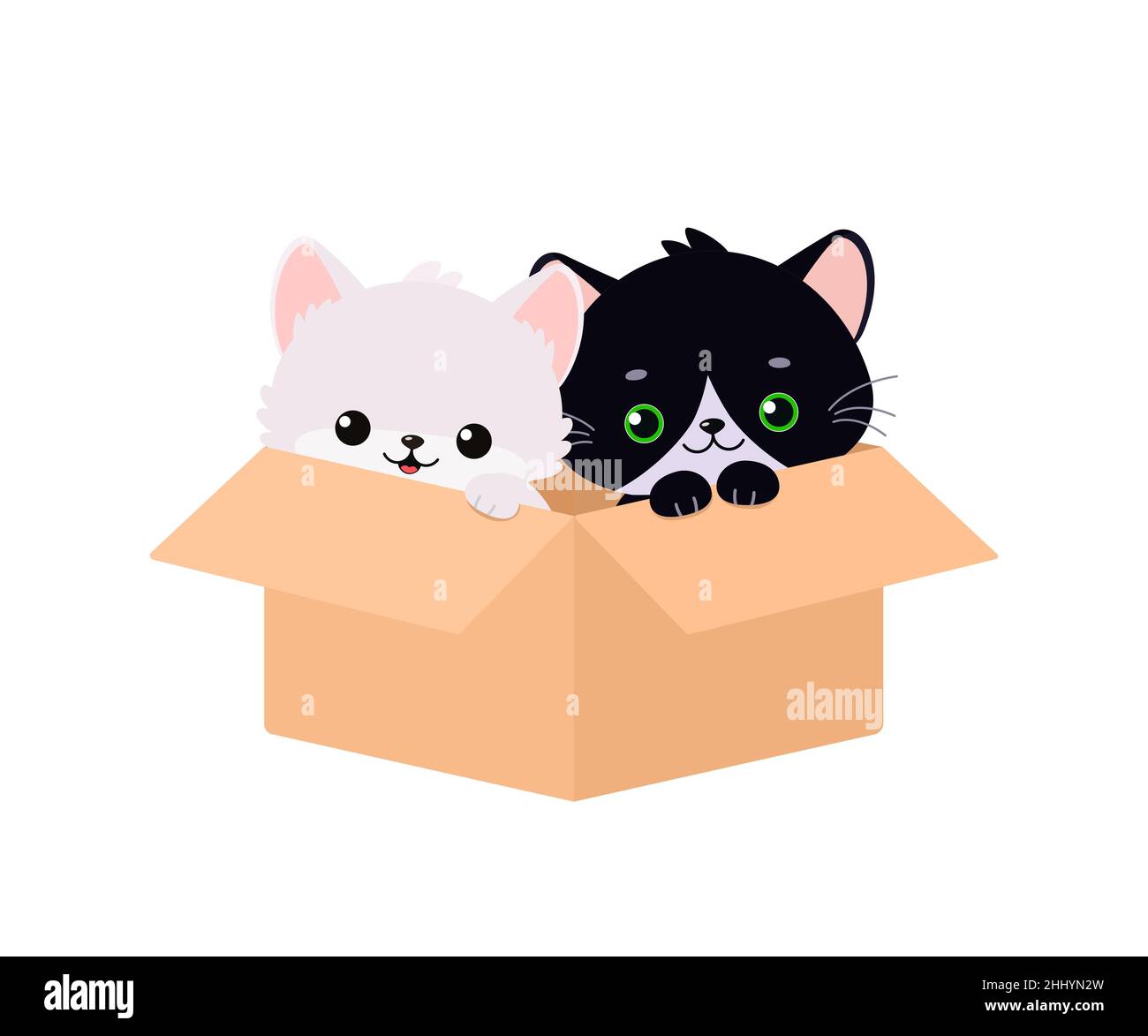 Niedliche Kawaii-Kätzchen sitzen in einer Schachtel auf weißem Hintergrund. Flacher Cartoon-Stil. Vektorgrafik Stock Vektor