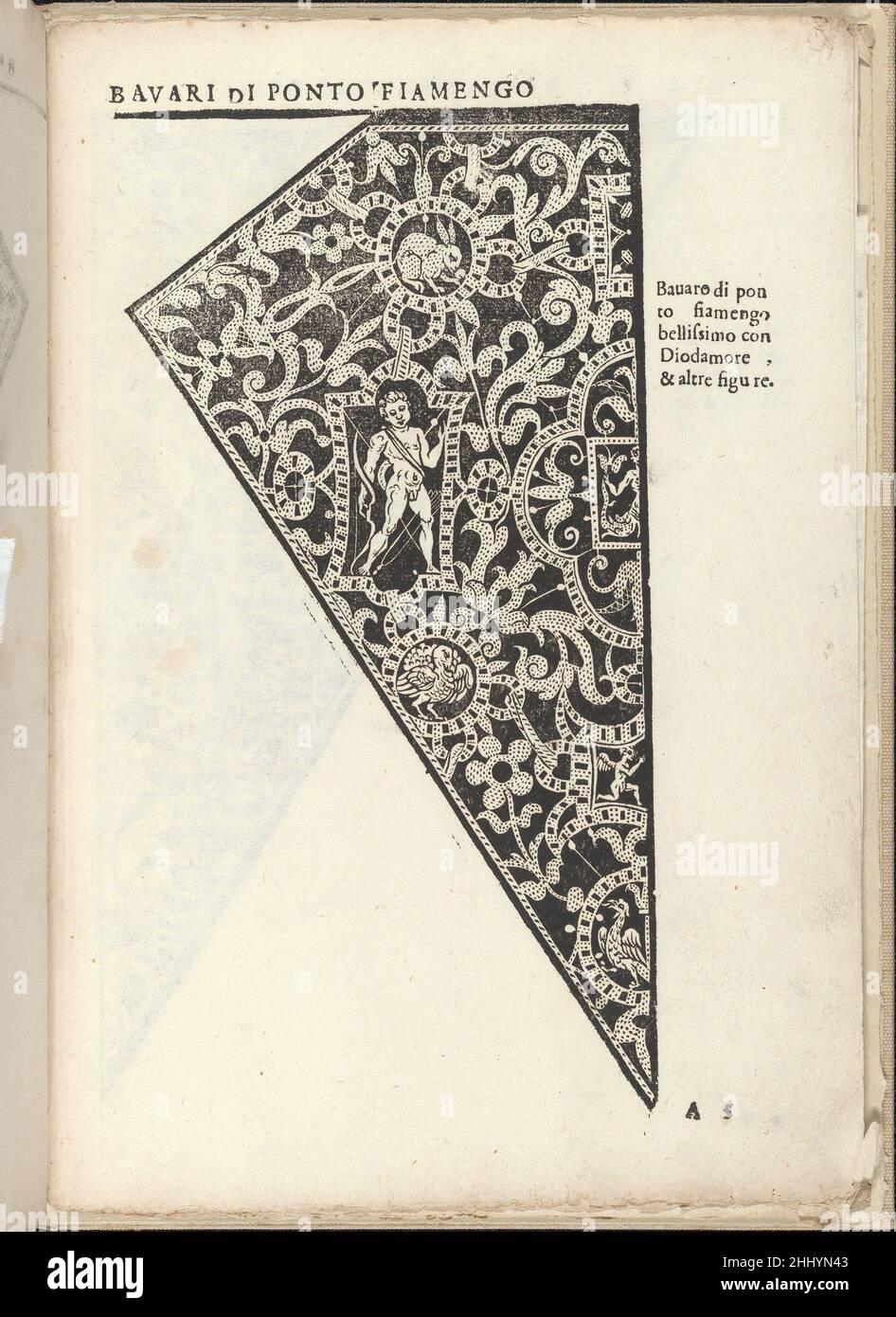 Ornamento nobile...Fatta da Lucretia Romana (Libro V der Corona), Seite 5 (recto) 1620 Cesare Vecellio Italienisch Geschrieben von Cesare Vecellio, Italienisch, Pieve di Cadore 1521-1601 Venedig, herausgegeben von Alessandro de' Vecchi.von oben nach unten, Und von links nach rechts:Design formt eine dreieckige Form und ist mit verschiedenen Blumen- und Laubelementen, Tieren und dem Gott der Liebe in der Mitte eines rechteckigen Rahmens verziert. Ornamento nobile...Fatta da Lucretia Romana (Libro V der Corona), Seite 5 (recto) 662067 Stockfoto