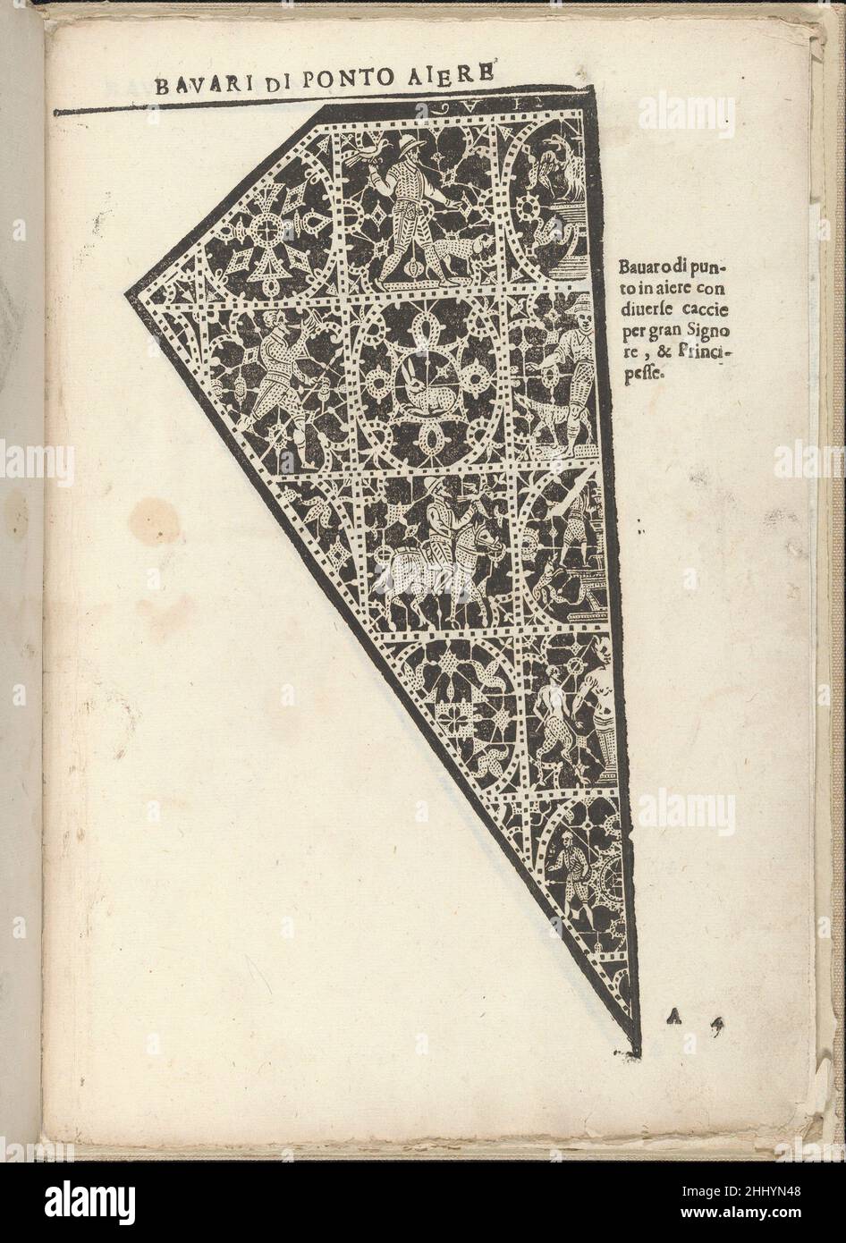 Ornamento nobile...Fatta da Lucretia Romana (Libro V der Corona), Seite 4 (recto) 1620 Cesare Vecellio Italienisch Geschrieben von Cesare Vecellio, Italienisch, Pieve di Cadore 1521-1601 Venedig, herausgegeben von Alessandro de' Vecchi.von oben nach unten, Und von links nach rechts:Design bildet eine dreieckige Form und ist mit einem abwechselnden Muster aus Kreisen verziert, die in Quadrate und normale Quadrate eingefasst sind. In jedem Kreis befindet sich ein Blumenmotiv, von dem einige mit anderen Elementen wie Kaninchen oder Vogel verziert sind. Umrahmt in jedem Quadrat ist Szene, die Figuren auf einer Jagd gehen.. Ornamento nobile...Fatta da lucre Stockfoto