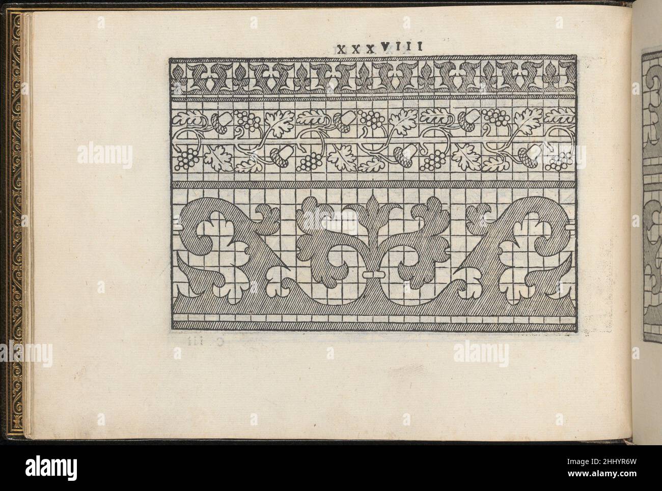 La Vera Perfectione del Disegno di varie sorti di recami, Seite 19 (verso) 1567 Giovanni Ostaus Italienisch Herausgegeben von Giovanni Ostaus, Venedig, Holzschnitt von Lucrezia entworfen von Giuseppe Salviati (Giuseppe Porta, genannt Il Salviati), Italienisch, Castelnuova di Garfagnana ca. 1520-1575 Venedig.von oben nach unten und von links nach rechts:Design bestehend aus 3 horizontalen Registern, die auf ein Gitter gedruckt werden. Das obere Register ist mit einem abwechselnden Muster aus 2 verschiedenen Blattarten verziert. Das mittlere Register ist mit Blättern, Weintrauben und Eicheln geschmückt, die sich an einem geraden, durchlaufigen Ast befestigen Stockfoto