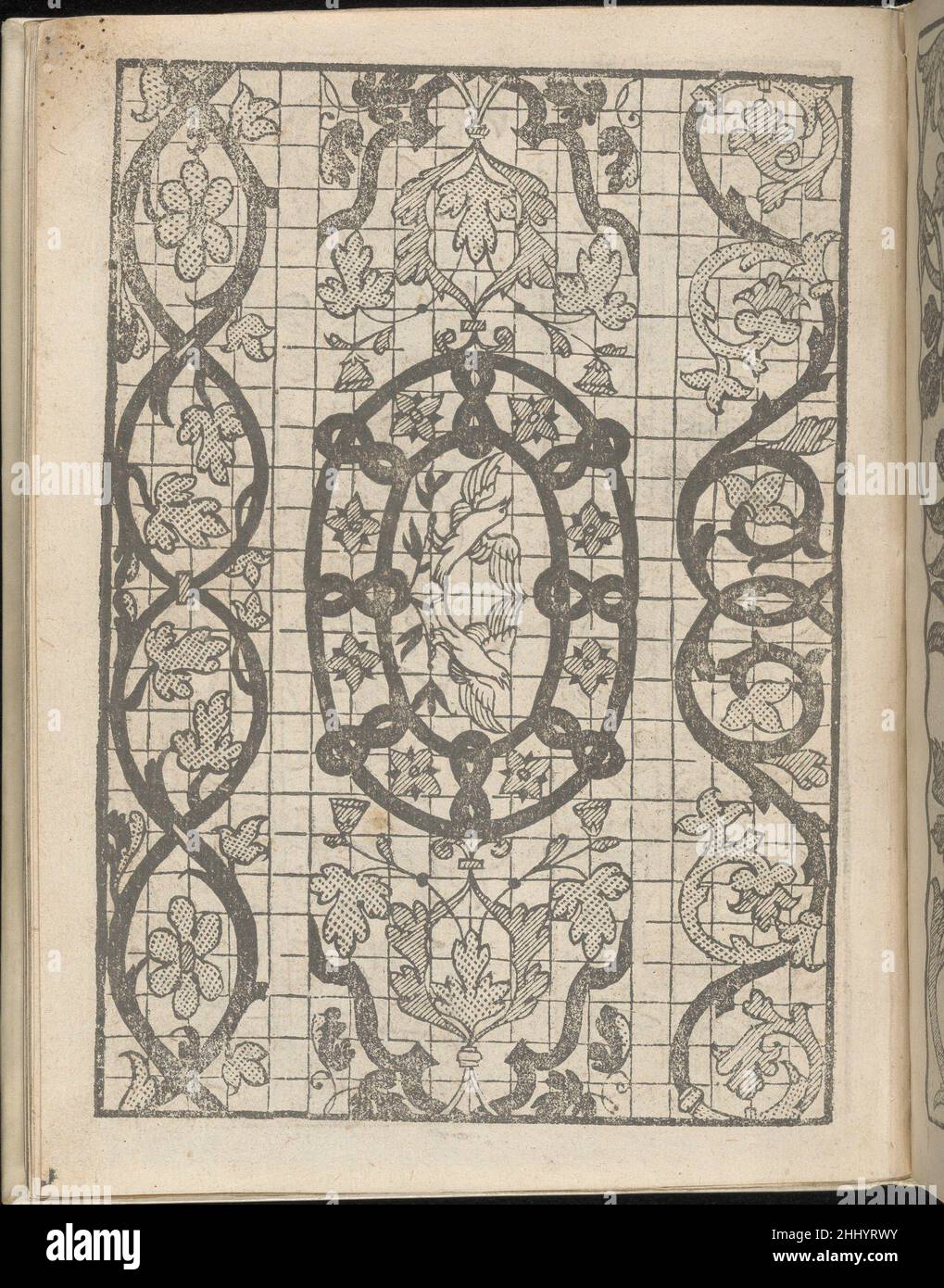 Lucidario di Recami, Seite 10 (recto) 1564 Iseppo Foresto Italienisch gestaltet von Iseppo Foresto, herausgegeben von Jeronimo Calepino, 1564.von oben nach unten und von links nach rechts:Design bestehend aus 2 vertikalen Säulen; die rechte Spalte ist auf ein Raster gedruckt. Die linke Säule ist in der Mitte mit 2 symmetrischen, zusammengesetzten Kreaturen geschmückt, die ein menschliches Gesicht, Vogelflügel und einen Löwenkörper haben; diese Kreaturen sitzen auf einer Rebe, die sich nach außen windet. Die rechte Säule ist in der Mitte mit einer hohen Blume geschmückt, die 2 Putti erklimmt; dieses zentrale Element wird von einer krummlinigen Form umrahmt, die von Reben gebildet wird, die sich daran anheften Stockfoto