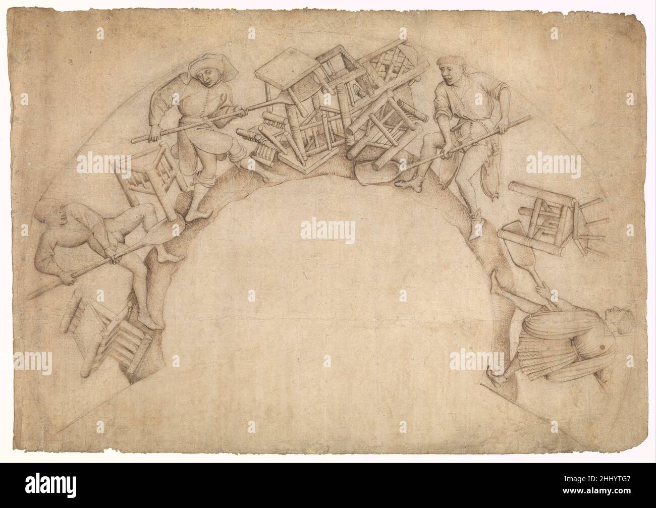 Men Shoveling Chairs (Scupstoel) 1444–50 Circle of Rogier van der Weyden, possibly Vranke van der Stockt Niederlandisch Diese bemerkenswerte Zeichnung – unter den wenigen erhaltenen Entwürfen für Repräsentationsskulpturen aus dem 15. Jahrhundert – ist eine Studie für eine von drei narrativen Kapitellen, die zwischen 1444 und 1450 für das Brüsseler Rathaus geschnitzt wurden. Das Thema ist ein Wortspiel zum Wort scupstoel (wörtlich „Schaufelstuhl“), ein Applaus, das für öffentliche Demütigungen verwendet wurde, bei dem Verbrecher über Wasser erhoben und dann hinuntergelassen wurden. Scupstoel war auch der Name eines Hauses, das zuvor auf dem Gelände des neuen Flügels der t stand Stockfoto