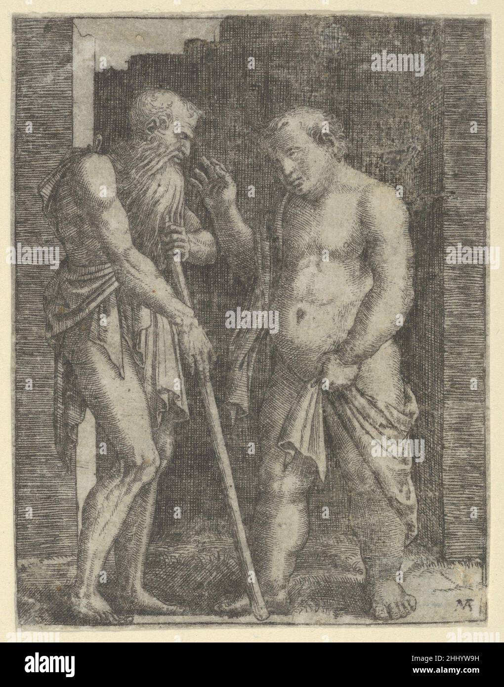 Ein alter dünner Mann links, der mit einem dicken Mann rechts spricht. 1510–27 Marcantonio Raimondi Italienisch. Ein alter dünner Mann links, der mit einem dicken Mann rechts 342654 spricht Stockfoto