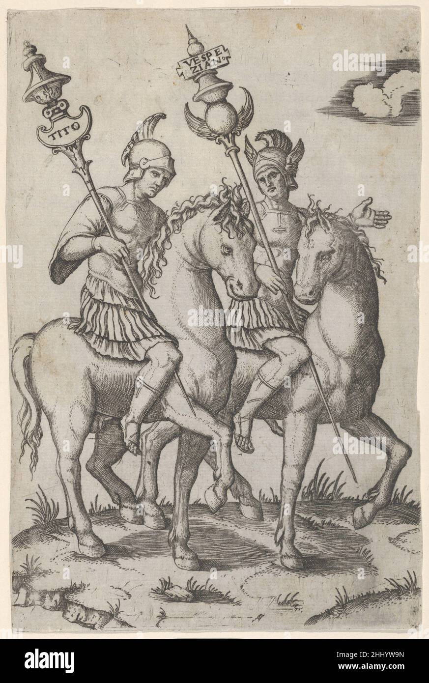 Titus und Vespanian beide zu Pferd ca. 1510–27 Marcantonio Raimondi Italienisch. Titus und Vespanian beide zu Pferd 342671 Stockfoto