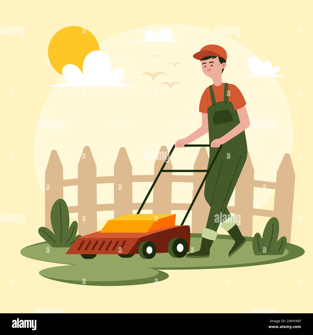 Handgezeichnetes Rasenmähen Illustration Vektor Illustration. Stock Vektor