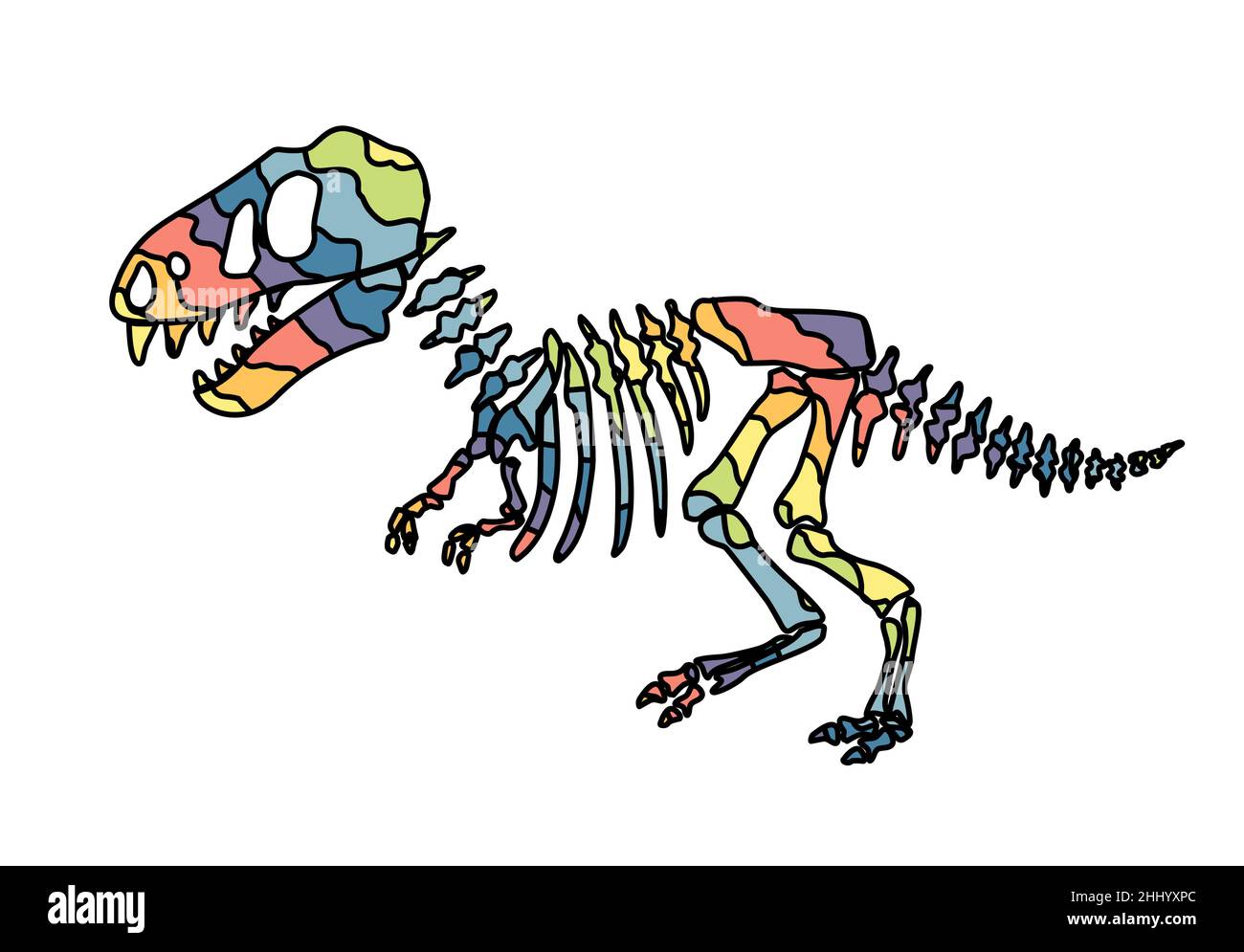 Dinosaurierskelett . Originelles Design mit Regenbogen-Dinosaurier. Druck für T-Shirts, Textilien, Packpapier, webb. Gezeichnete Vektordarstellung Stock Vektor