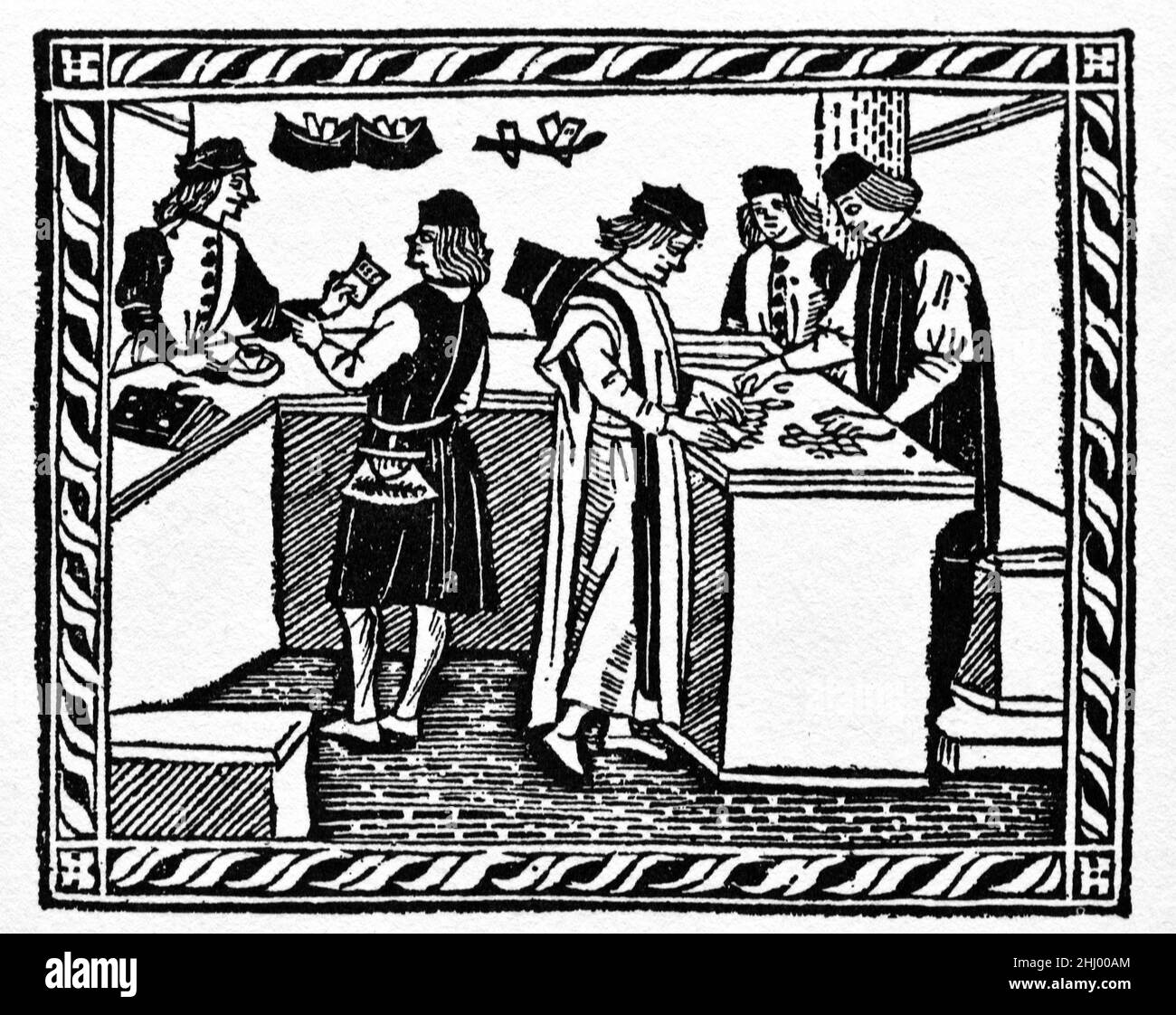 Banker zählen Geld in der Bank in der Renaissance Florenz Italien.c15th Holzschnitt Print, Gravur oder Illustration. Stockfoto