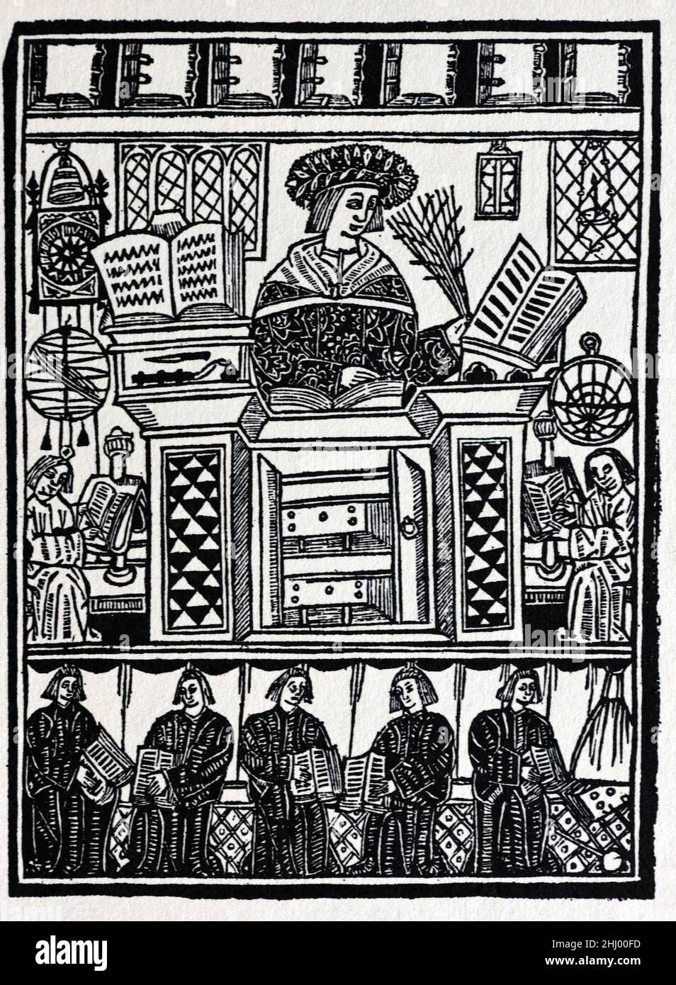 1519 Szene, in der Gelehrte, Lehrer & Studenten an der Oxford University England gezeigt werden. c16th Vintage Holzschnitt Print, Gravur oder Illustration Stockfoto