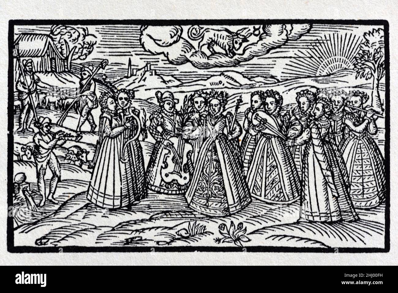 Holzschnitt aus der Feyrie Queene, von Edmund Spenser, zeigt Königin Elizabeth I. von England mit einer Gruppe weiblicher Musiker. 1590 Vintage Holzschnitt, Gravur oder Illustration Stockfoto