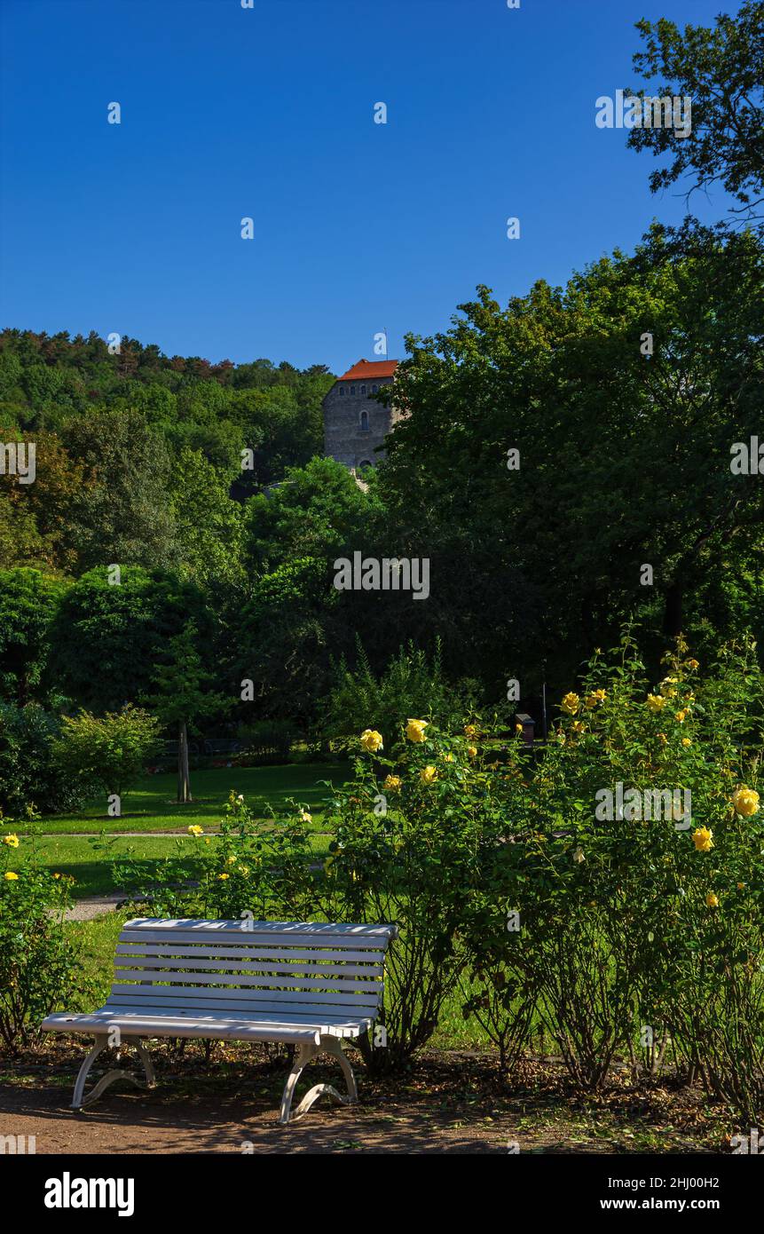 Impressionen aus dem Kurpark Bad Frankenhausen, Thüringen, Kyffhäuser, Deutschland, im Hintergrund der Hausmann-Turm. Stockfoto