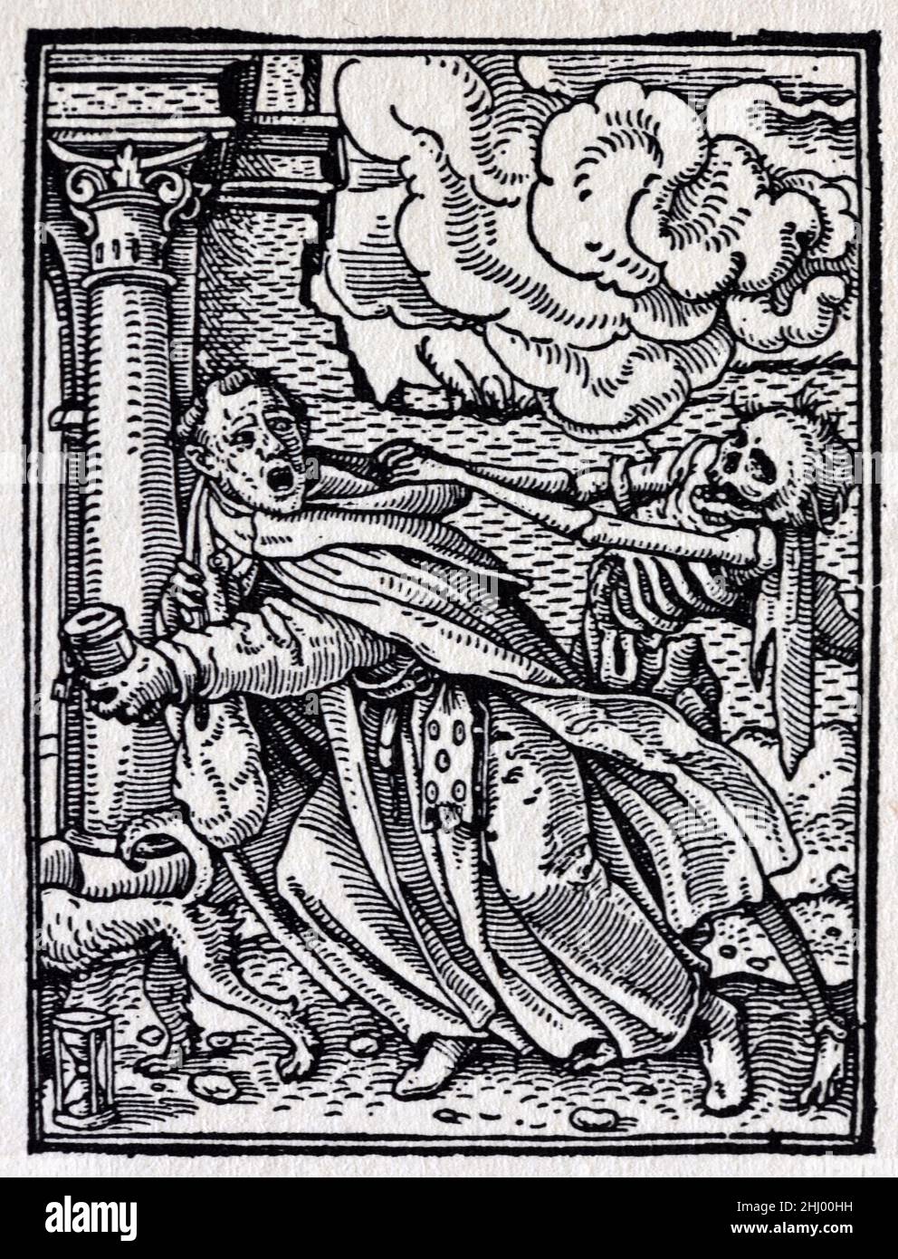 c16th Holzschnitt eines Mönchs, der versucht, dem Tod aus der Serie Dance of Death zu entkommen, oder Danse Macabre (1523-1526), von Hans Holbein dem Jüngeren. Vintage Holzschnitt, Gravur oder Illustration c 16f. Stockfoto