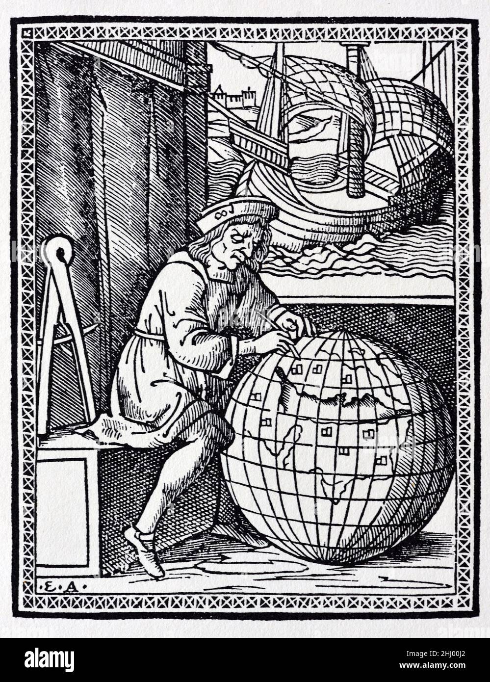 Der italienische Reisende und Entdecker Ludovico de Varthem (c1470-1517) plant seine Reisen auf dem Giant World Globe oder dem Terrestrial Globe. Seine Reisen, Itinerario de Ludouico de Varthema Bolognese, wurden erstmals 1510 in Rom veröffentlicht. Vintage Holzschnitt, Gravur oder Illustration Stockfoto