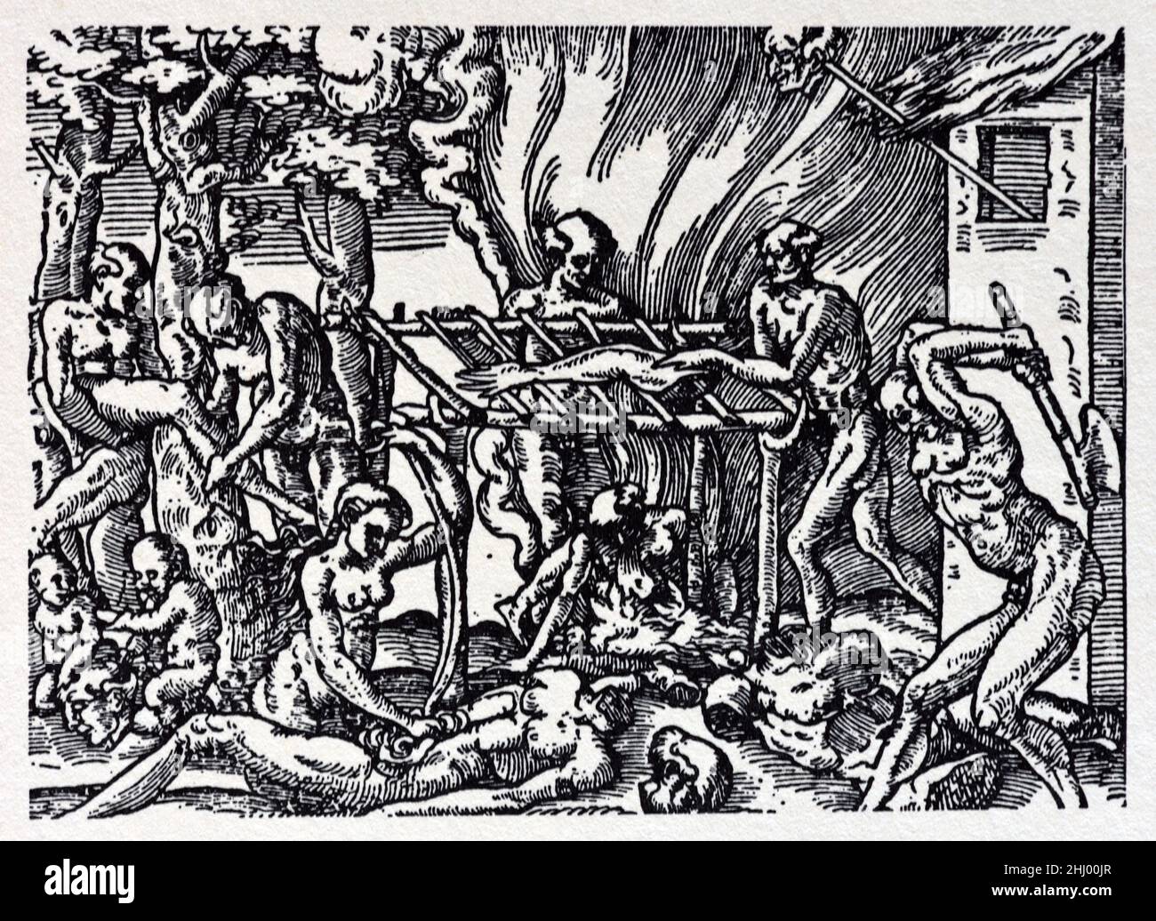 Kannibalismus in Haiti, wie er von Chrisopher Columbus auf seiner ersten Reise nach Hispaniola oder Saint-Dominque, heute Haiti, in der Karibik beschrieben wurde. 1558 Holzschnitt, Gravur oder Illustration Stockfoto