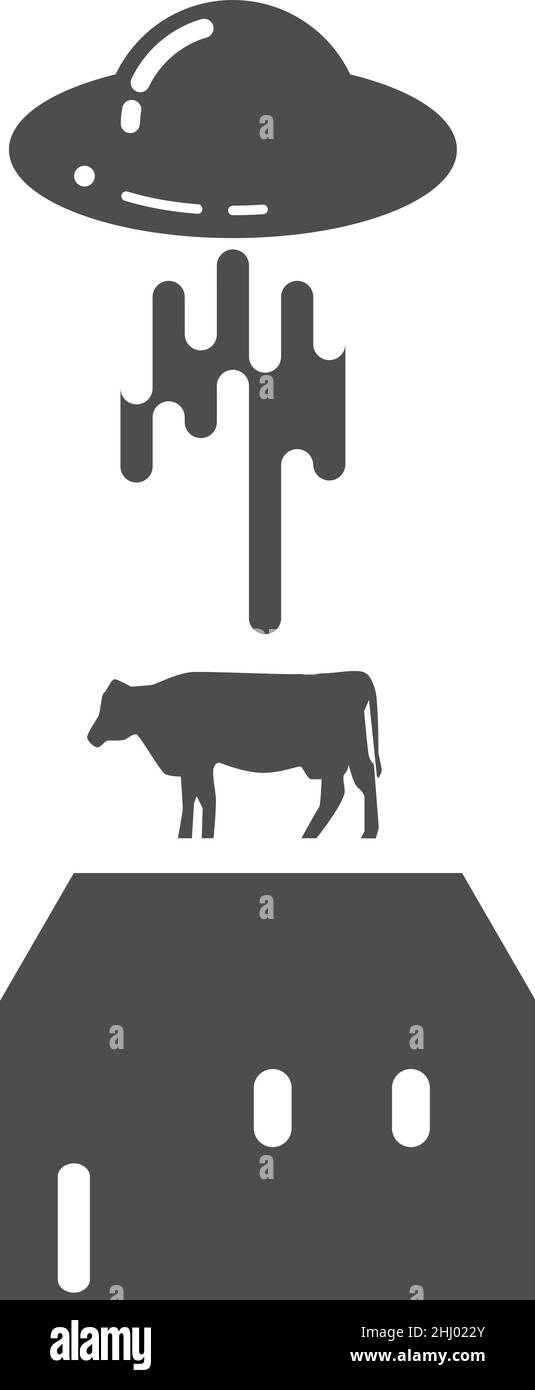UFO entführen Kuh vom Bauernhof. Schwarze Stallsilhouette Stock Vektor