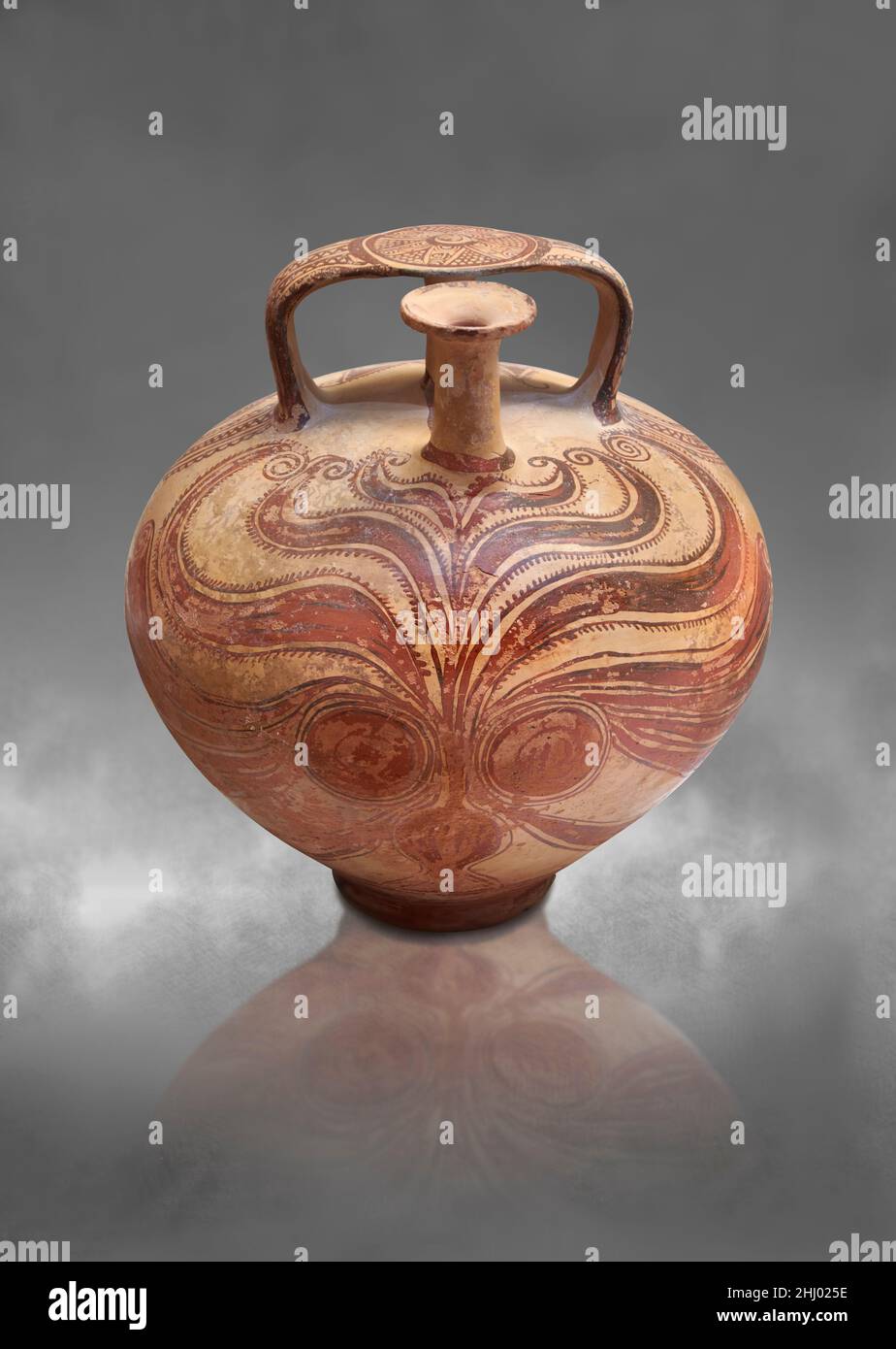 Mykenische Keramik - Terrakotta-Rührkrug mit stilisiertem Oktopus-Design aus chaber Grab 1:5 und 1:6, 1140-1100 v. Chr., mykenischer Friedhof von Asine. Nafp Stockfoto
