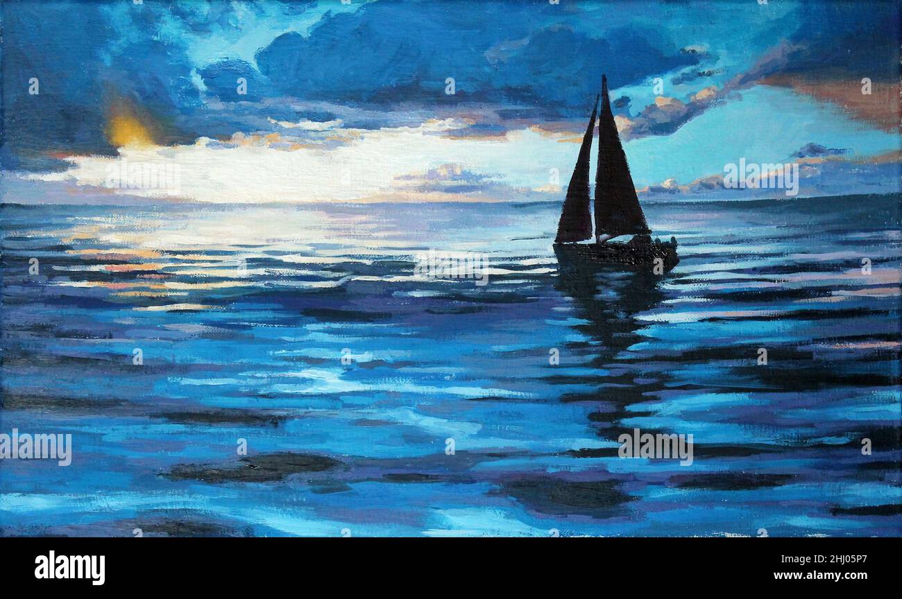 Ein Segelboot, das bei Sonnenuntergang auf einem ruhigen Meer segelt. Ölgemälde auf Leinwand. Stockfoto