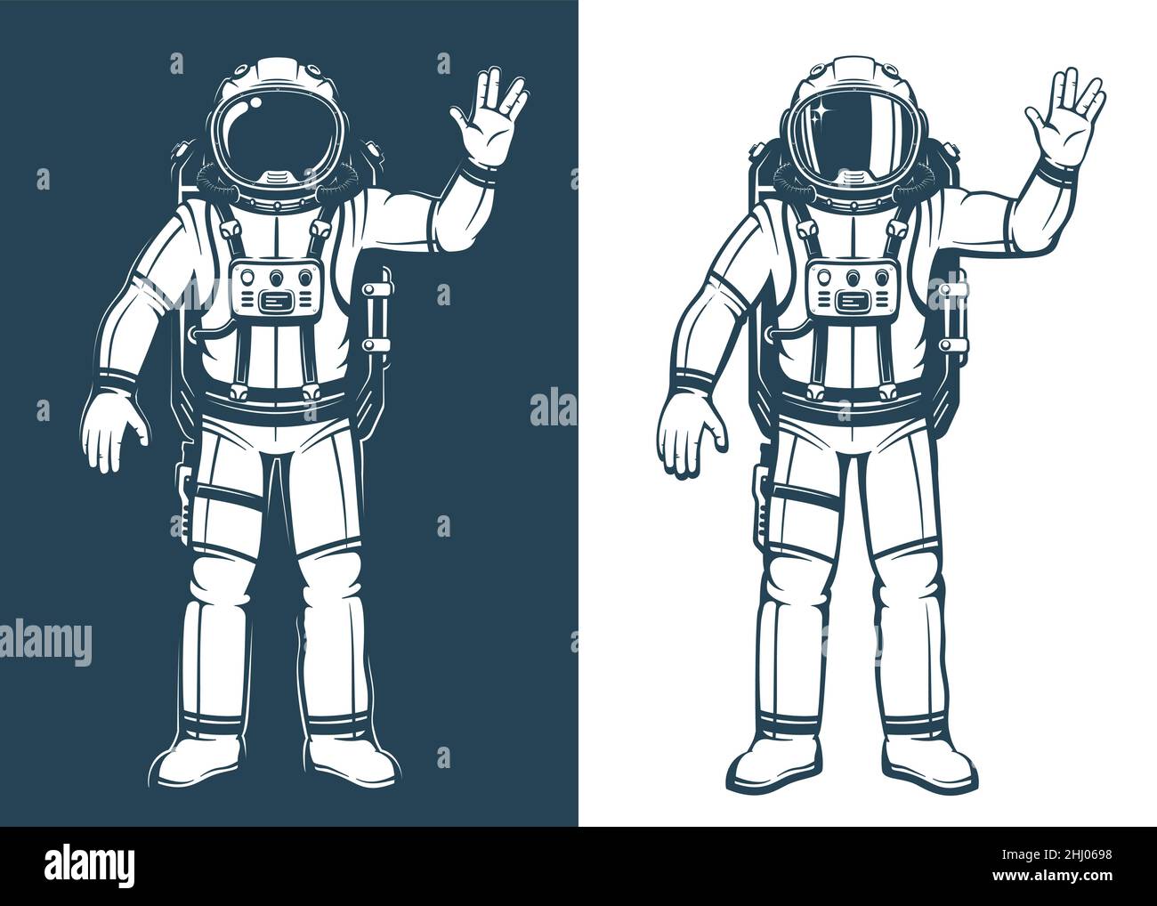 Kosmonaut zeigt die Geste der vulkanischen Anrede Stock Vektor