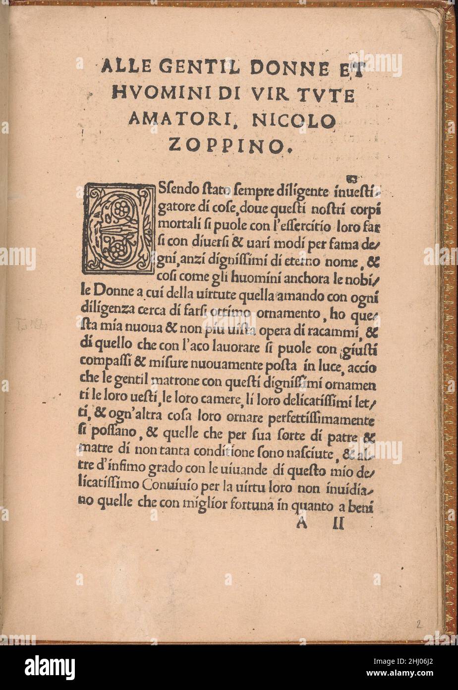 Convivio delle Belle Donne, Seite 2 (recto) August 1532 Nicolò Zoppino Italienisch Herausgegeben von Nicolo Zoppino, Italienisch, aktiv 16th Jahrhundert, Venedig, entworfen von Matteo da Treviso, Italienisch, aktiv 16th Jahrhundert.Widmungsseite mit Holzschnitt-Initiale 'E', der den zweiten Textabschnitt beginnt. Convivio delle Belle Donne, Seite 2 (recto) 659747 Stockfoto