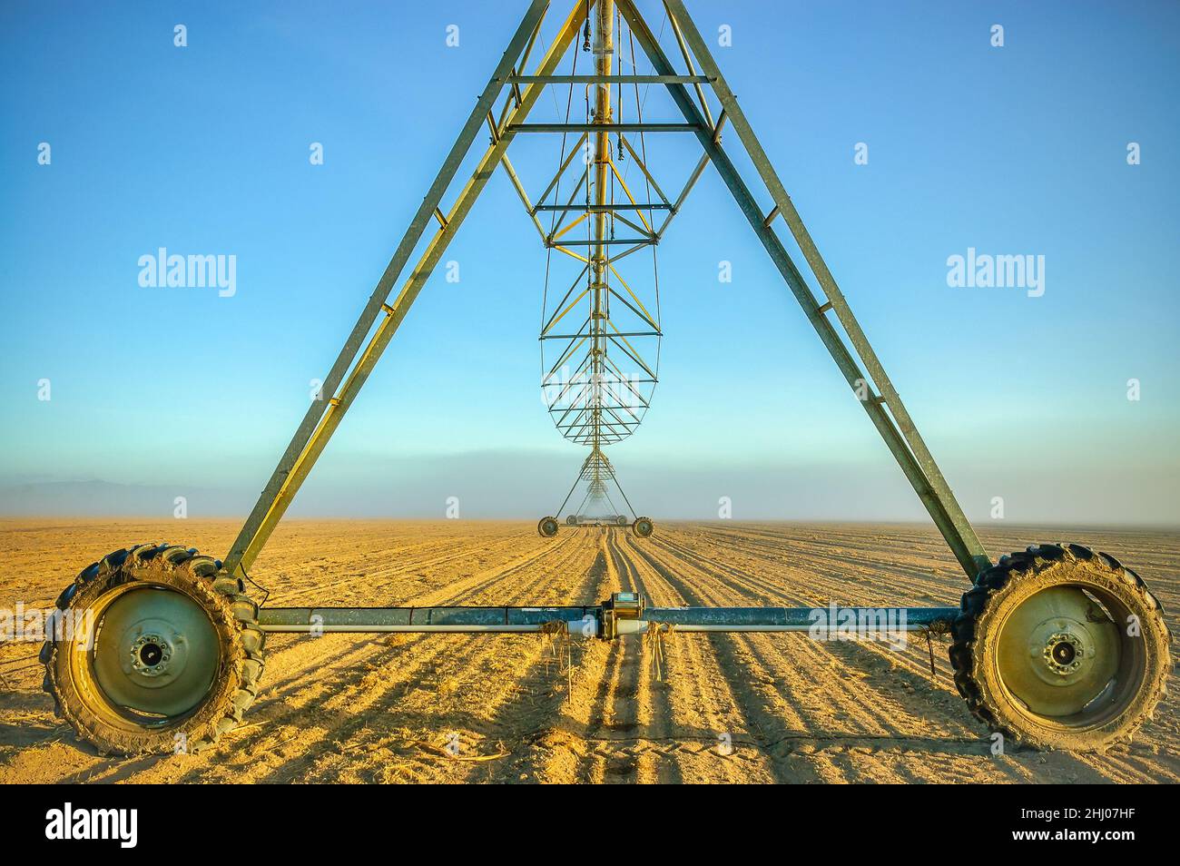 Ein langer Bewässerungsboom auf einem gesäten Fahrerlager offenbart sich langsam, als der frühe Morgennebel von der Sonne abgebrannt wird. Stockfoto