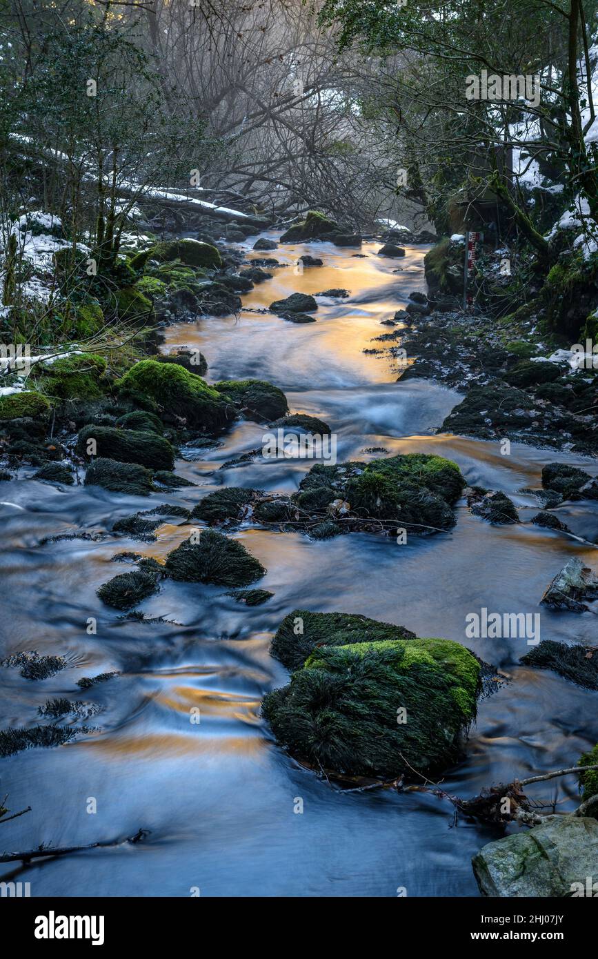 Quelle des Flusses Bastareny im Winter verschneit, im Naturpark Cadí-Moixeró (Bagà, Barcelona, Katalonien, Spanien, Pyrenäen) Stockfoto