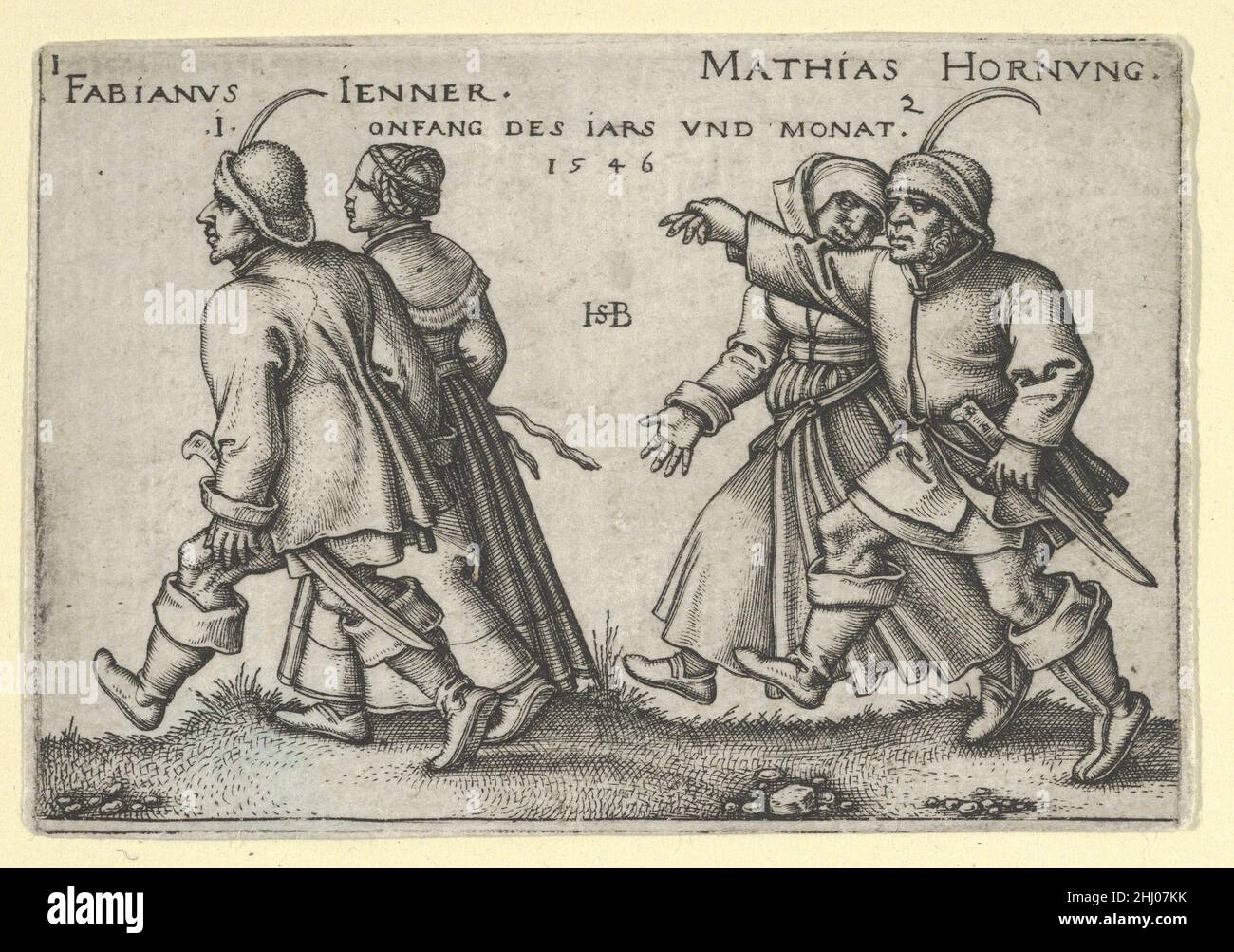 Januar und Februar vom Bauernfest oder den zwölf Monaten 1546 Sebald Beham Deutsche zwei tanzende Paare gingen. Die Gesichter des Paares links sind im Profil zu sehen. Aus einer Serie von zehn Stichen.. Januar und Februar vom Bauernfest oder den zwölf Monaten 403568 Stockfoto