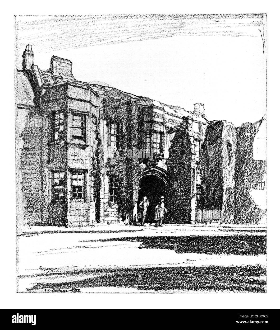 Black and White Illustration; The Angel Inn, Grantham, Lincolnshire, Anfang des 20th. Jahrhunderts. Bleistiftzeichnung von Frederick Landseer Maur Griggs Stockfoto