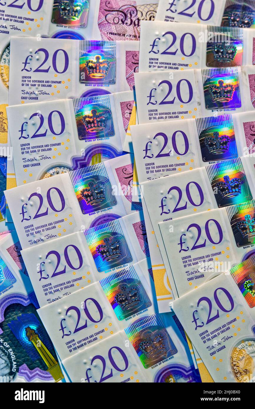 Zwanzig Pfund Sterling Notizen zeigt Sicherheit Hologramm Druckfunktionen. Stockfoto