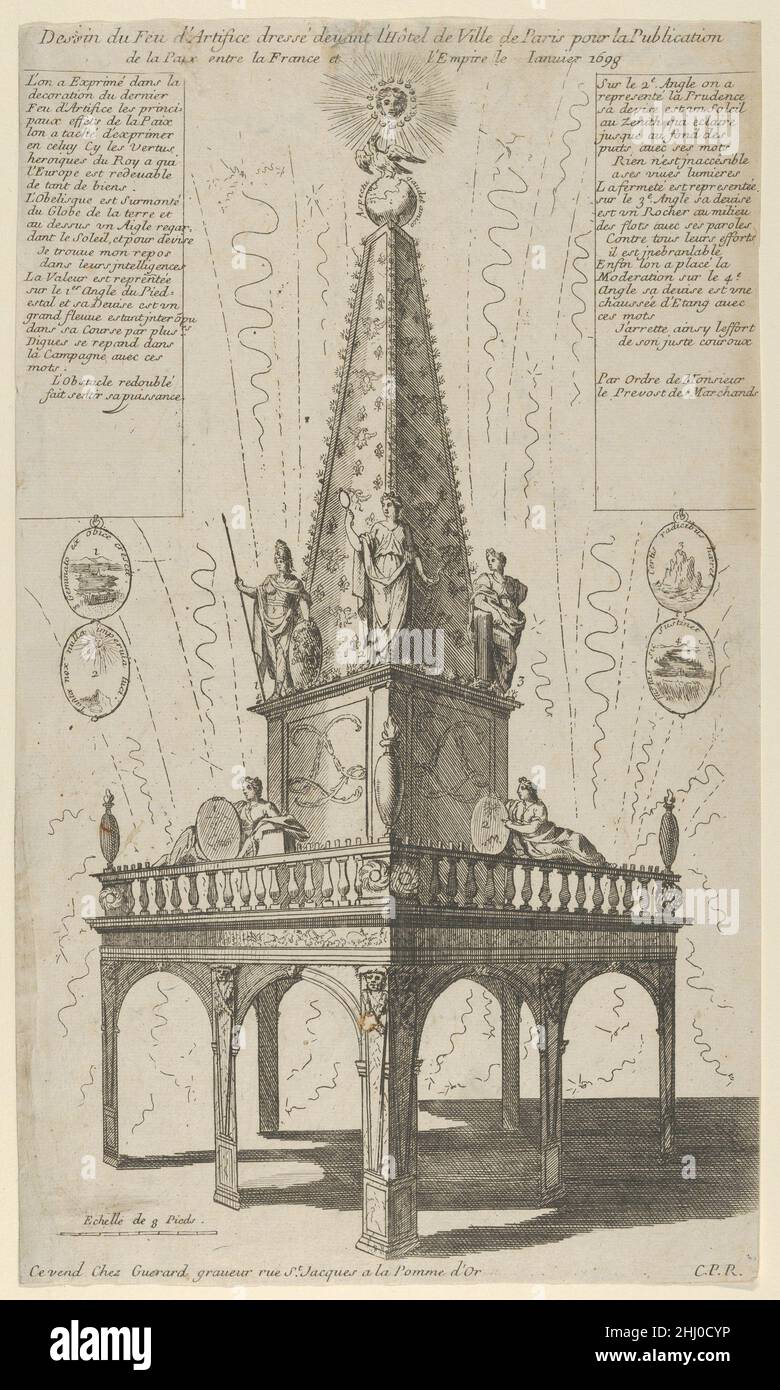 Feuerwerk feiert den Frieden zwischen Frankreich und dem Imperium, Januar 1698 1698 Anonym, Französisch, 17th Jahrhundert der Vertrag von Ryswick wurde am 20. September 1697 unterzeichnet, um den Krieg der Liga von Augsburg zu beenden, der Frankreich gegen England, Spanien und das Heilige Römische Reich ausführte. Das hier abgebildete Feuerwerk fand im Januar 1698 statt. Feuerwerk zur Feier des Friedens zwischen Frankreich und dem Imperium, Januar 1698 700290 Stockfoto