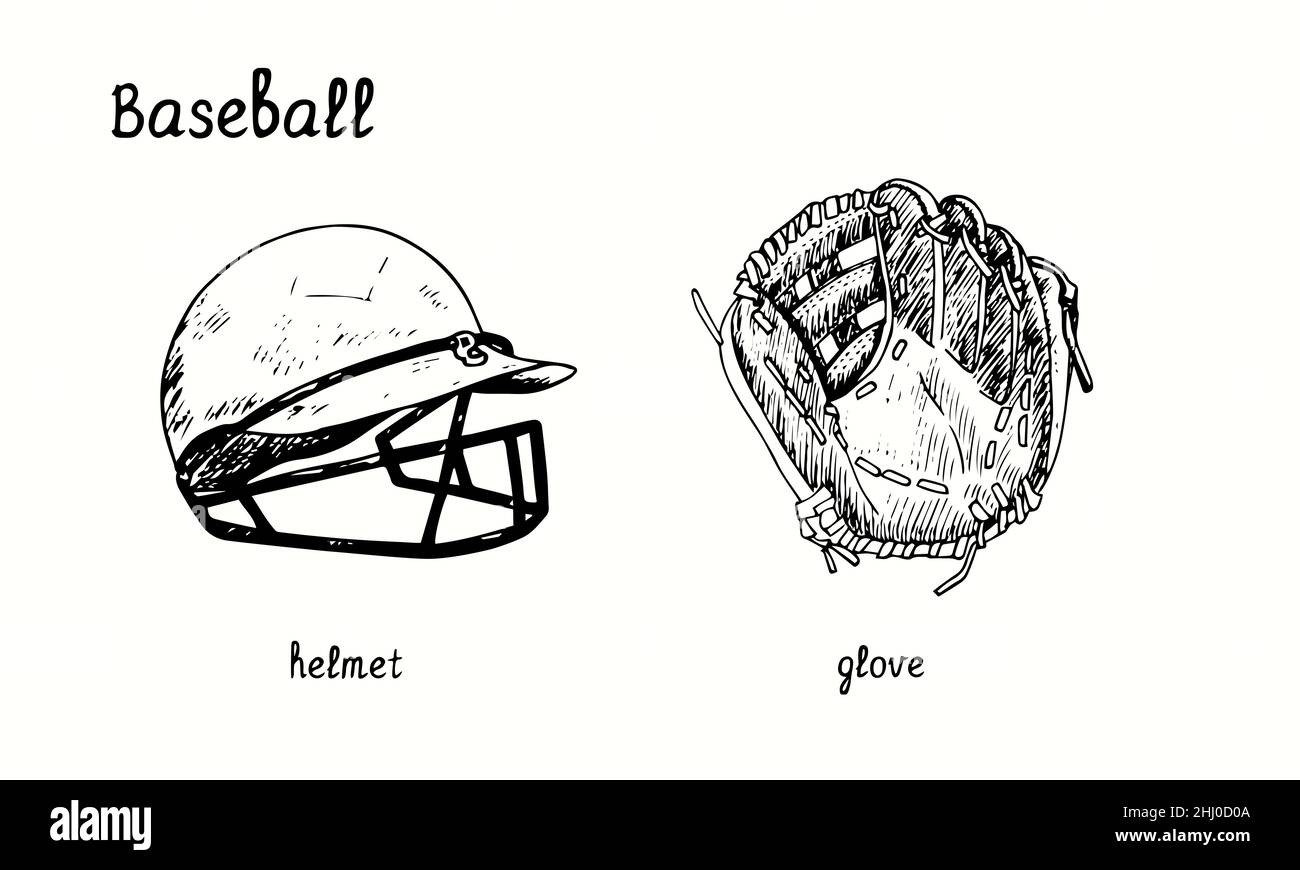 Baseballhelm und -Handschuh. Tusche schwarz-weiße Doodle Zeichnung im Holzschnitt-Stil. Stockfoto