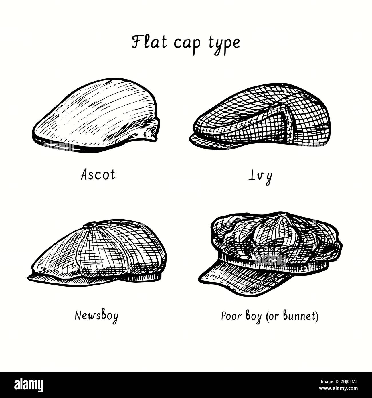 Typ mit flacher Kappe, ascot, Efeu, Zeitungsjunge, armer Junge oder bunnet. Tusche schwarz-weiß Zeichnung Umriss Illustration Stockfoto Typ mit flacher Kappe, ascot, Efeu, Zeitungsjunge, armer Junge oder bunnet. Tusche schwarz-weiß Zeichnung Umriss Illustration Stockfoto