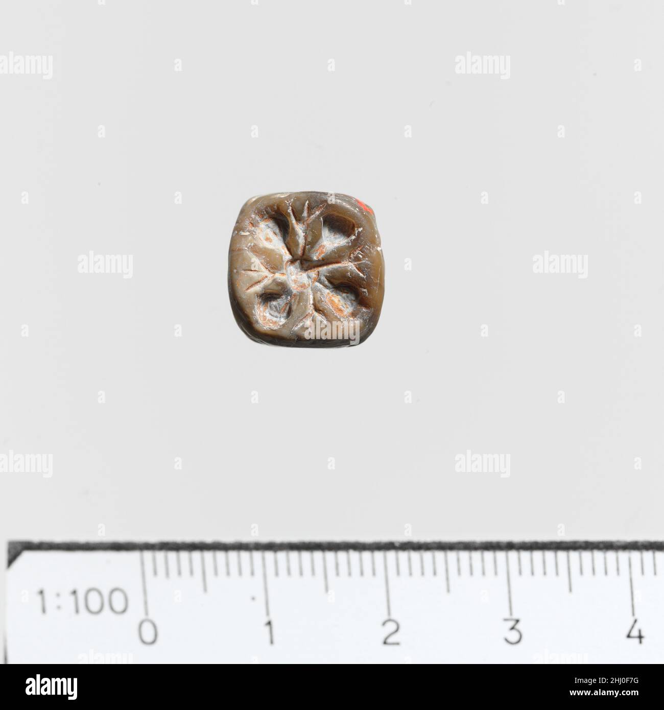 Dichtung ca. 2000–1800 v. Chr. Minoan, Kreta. Seal 252056 Minoan, Kreta, Seal, ca. 2000?1800 v. Chr., Serpentine (verbrannt), andere: 7/16 x 1/2 Zoll (1,1 x 1,2 cm). Das Metropolitan Museum of Art, New York. Vermächtnis von Richard B. Seager, 1926 (26.31.104) Stockfoto