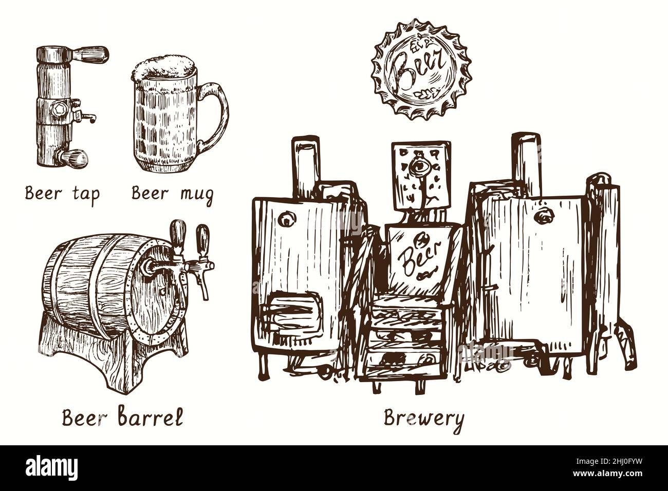 Sammlung von Bierbrauereien. Bierzapfen, Becher, Fass, Flaschenverschluss, Brauerei. Tusche schwarz-weiße Doodle Zeichnung im Holzschnitt-Stil. Stockfoto