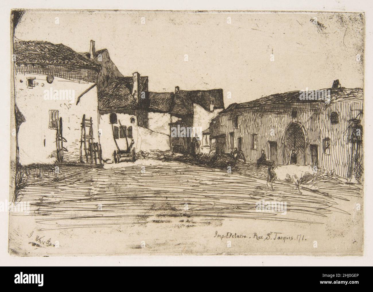 Liverdun 1858 James McNeill Whistler American Whistler besuchte Liverdun, eine Stadt an der Mosel, kurz vor dem Beginn einer Sommer-Rheinlandtour im Jahr 1858. Er reiste mit dem Zug zwischen Nancy und Straßburg, machte Skizzen und ein paar Radierungen, einschließlich der vorliegenden Arbeit. Hier umrahmen alte Bauernhäuser einen Hof und stellen fest, was eine bevorzugte formale Anordnung werden würde. Dächer und Wände sind mit schattigen Öffnungen versehen, was ein Spiel von Lichtern und Dunkeln erzeugt, das durch die leicht geätzten Formen von Landarbeitern, Leitern und einem Wagen belebt wird. Eine weiße Kuh geht aus dem Raum rechts, und weite Weiten darunter Stockfoto