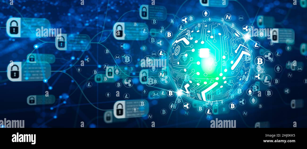 Blockchain-Technologie mit Diagramm von Kette und verschlüsselten Blöcken auf Technologiehintergrund. Distributed Ledger-Technologie und Digital Layer-Effekt. Stockfoto