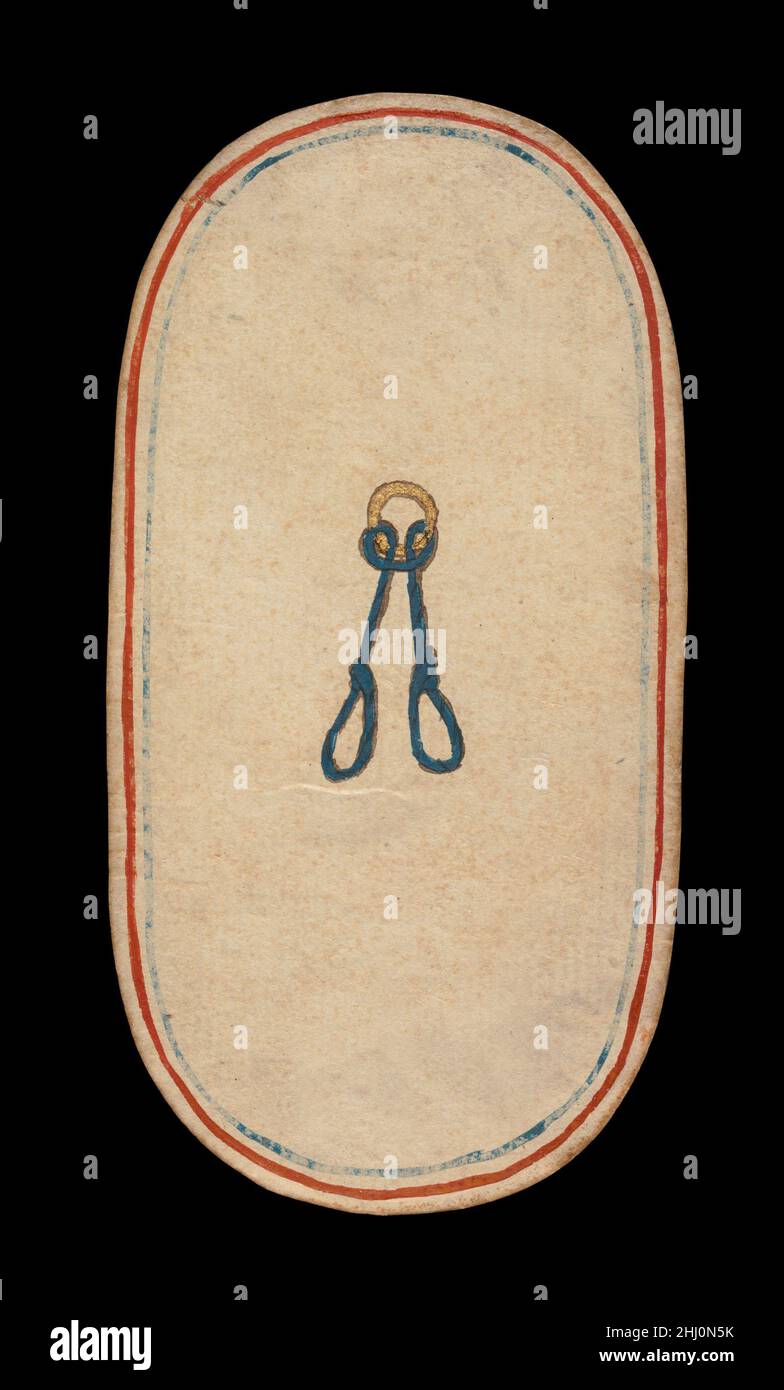 1 von Nooses, aus den Klöstern Spielkarten ca. 1475–80 Südniederländisch der Cloisters-Satz aus 52 Karten stellt das einzige bekannte komplette Kartenspiel aus dem 15. Jahrhundert dar, das aus beleuchteten gewöhnlichen Spielkarten besteht (im Gegensatz zu Tarot-Karten). Es gibt vier Farben, die jeweils aus einem König, einer Dame, einem Knauf und zehn Pip-Karten bestehen. Die Suitsymbole, die auf der Ausrüstung basieren, die mit der Jagd verbunden ist, sind Jagdhörner, Hundehalsbänder, Hundehalsbänder und Spielnoosen. Der Wert der Pip-Karten wird durch entsprechende Wiederholungen des Farbsymbols angezeigt. Die Zahlen scheinen auf Franco-Flamen zu basieren Stockfoto