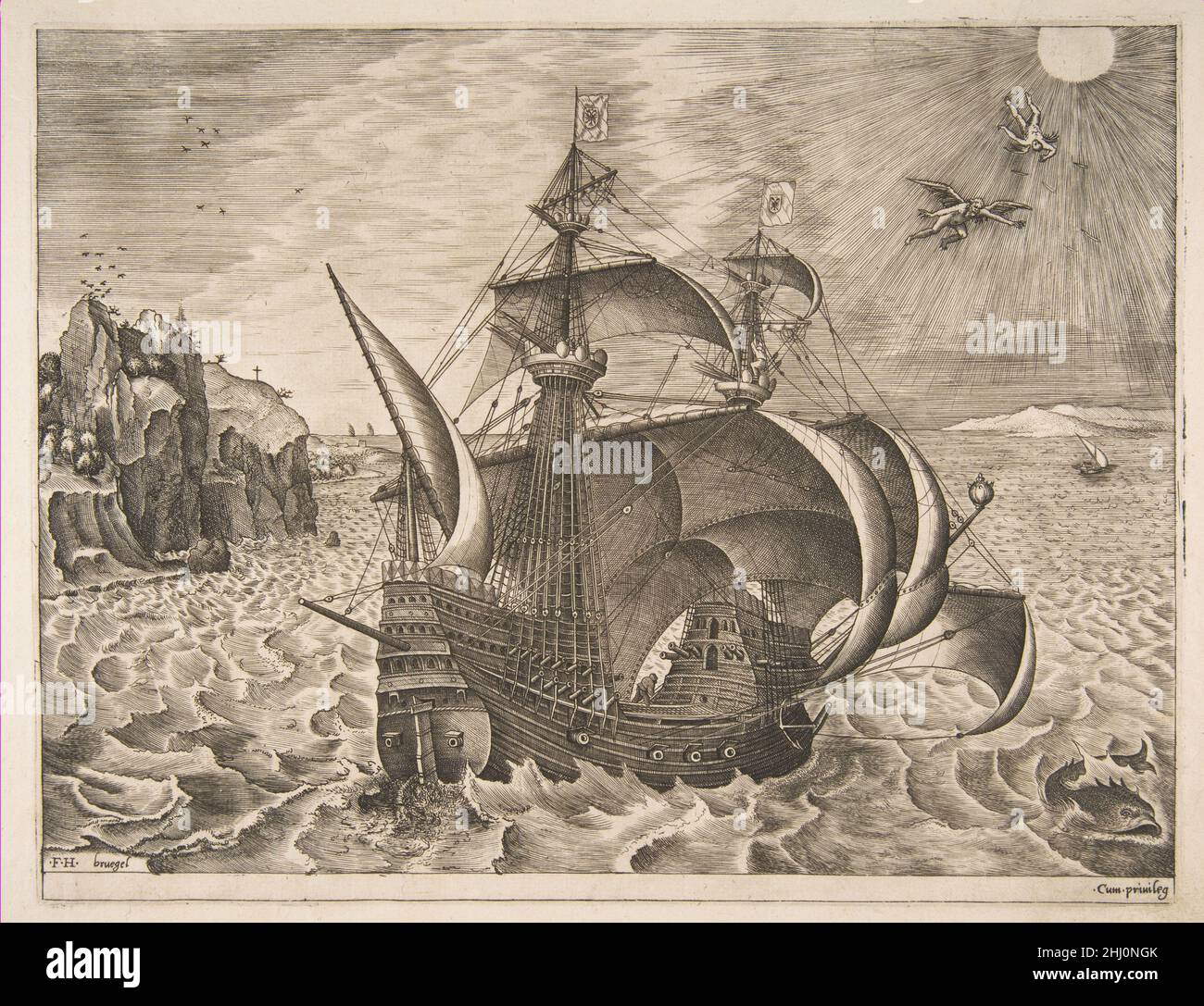 Bewaffneter Dreimaster mit Daedalus und Icarus am Himmel von den Segelschiffen 1561–65 nach Pieter Bruegel dem Älteren Niederlandisch. Bewaffneter Dreimaster mit Daedalus und Icarus in the Sky von den Segelschiffen 338707 Stockfoto