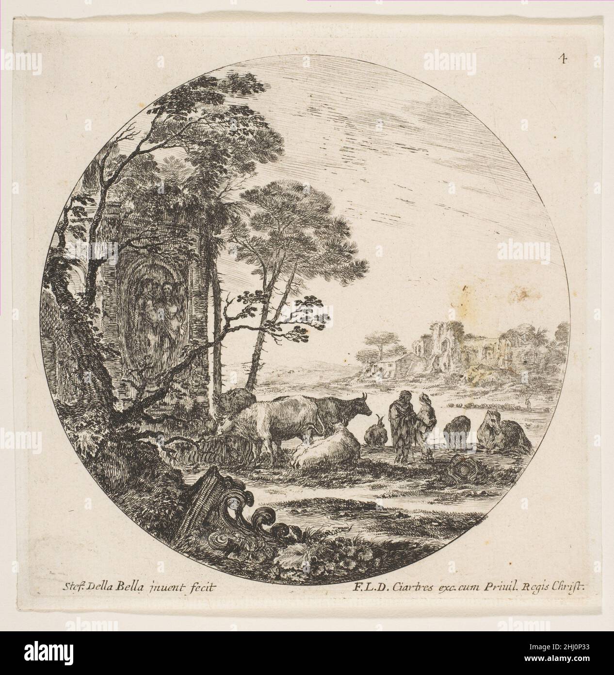 Tafel 4: Eine korinthische Hauptstadt auf dem Boden links, ein Denkmal mit Figuren in flachem Relief links im Mittel, verschiedene Tiere und zwei Hirten rechts, aus 'römischen Landschaften und Ruinen' (Paysages et ruines de Rome) ca. 1646 Stefano della Bella Italienisch Kommentare zur Serie finden Sie unter 17.50.17-234.. Tafel 4: Eine korinthische Hauptstadt auf dem Boden links, ein Denkmal mit Figuren in flachem Relief links im Mittel, verschiedene Tiere und zwei Hirten rechts, aus 'römischen Landschaften und Ruinen' (Paysages et ruines de Rome) 377742 Stockfoto