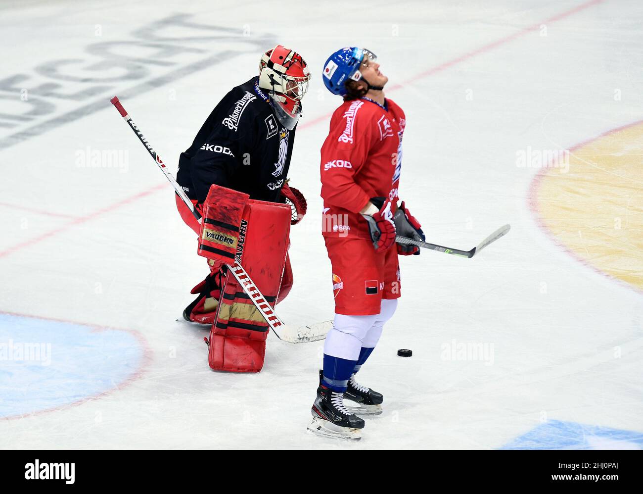 Prag, Asr. 26th Januar 2022. Der tschechische Hockeygoalie Simon Hrubec (links) war während des Trainings in Prag, Tschechien, am 26. Januar 2022 vor den Olympischen Winterspielen in Peking 2022 in Aktion. Kredit: Michaela Rihova/CTK Foto/Alamy Live Nachrichten Stockfoto