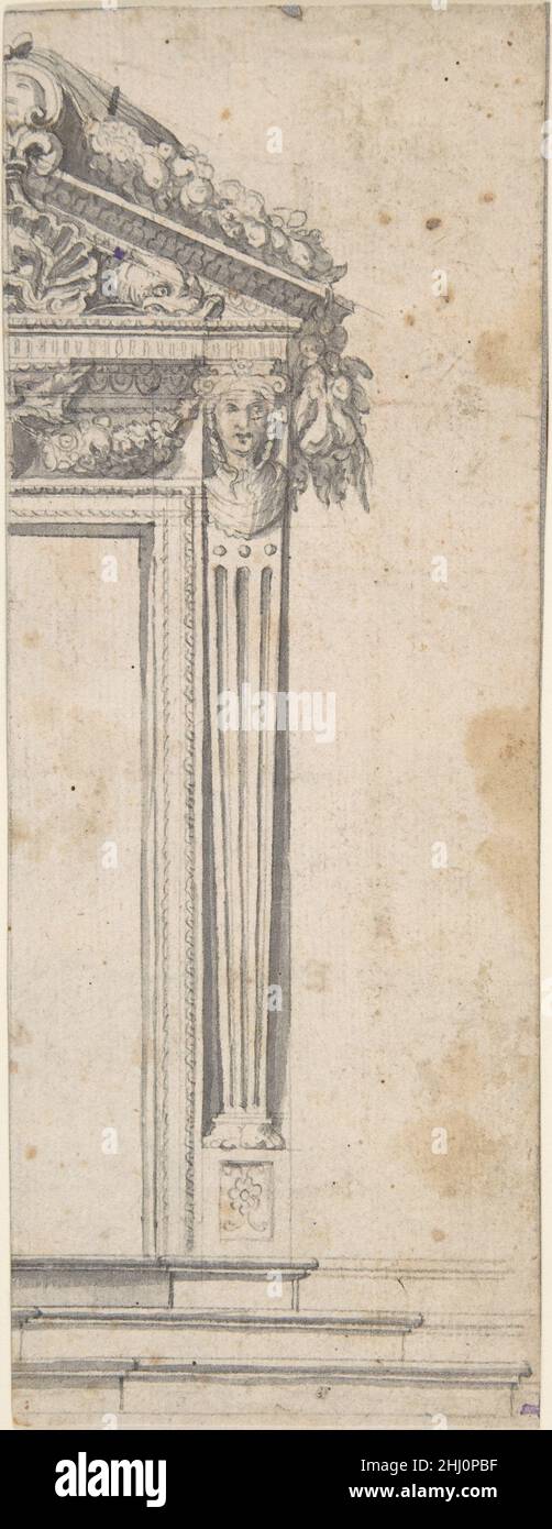 Entwurf für die rechte Seite einer Tür mit Giebel und geriffelten Pilastern 17th Century Anonymous, Italienisch, 17th Century Ital. Entwurf für die rechte Seite einer Tür mit Giebel und geriffelten Pilastern 389392 Stockfoto