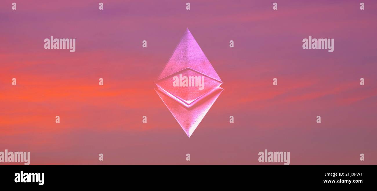 eth Art Symbol auf purpurem Himmel Hintergrund, Kryptowährung für nft Illustration. Stockfoto