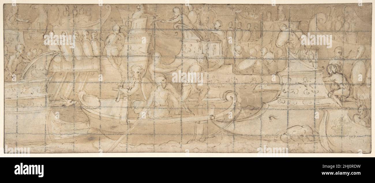 Antike Seeschlacht (recto); Eine Kampfszene (verso) ca. 1550–55 Lattanzio Gambara Italienisch die Zeichnung wurde von Giulio Bora Lattanzio Gambara zugeschrieben (Anmerkung auf dem Berg im Jahr 2003, kürzlich bestätigt durch schriftliche Mitteilung an Furio Rinaldi am 9. Juli 2014). Nach Boras Meinung ist die Zeichnung wahrscheinlich Vorbereitung für eine Freskendekoration in Brescia und kann auf die frühen 1550er Jahre datiert werden, als Gambaras Stil und Zeichnungskunst dem von Giulio Campi nahe waren. Antike Seeschlacht (recto); Eine Kampfszene (verso) 341871 Stockfoto