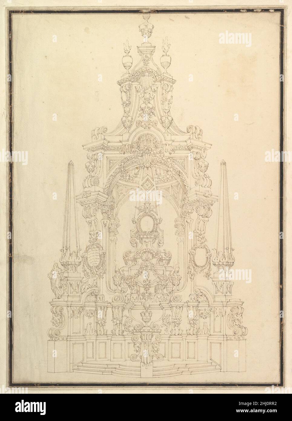 Erhebung einer Catafalque: Obelisken an den Ecken und eine in Center ca. 1720–40 Workshop von Giuseppe Galli Bibiena Italienisch. Höhe einer Catafalque: Obelisken an den Ecken und eine in der Mitte 344448 Stockfoto