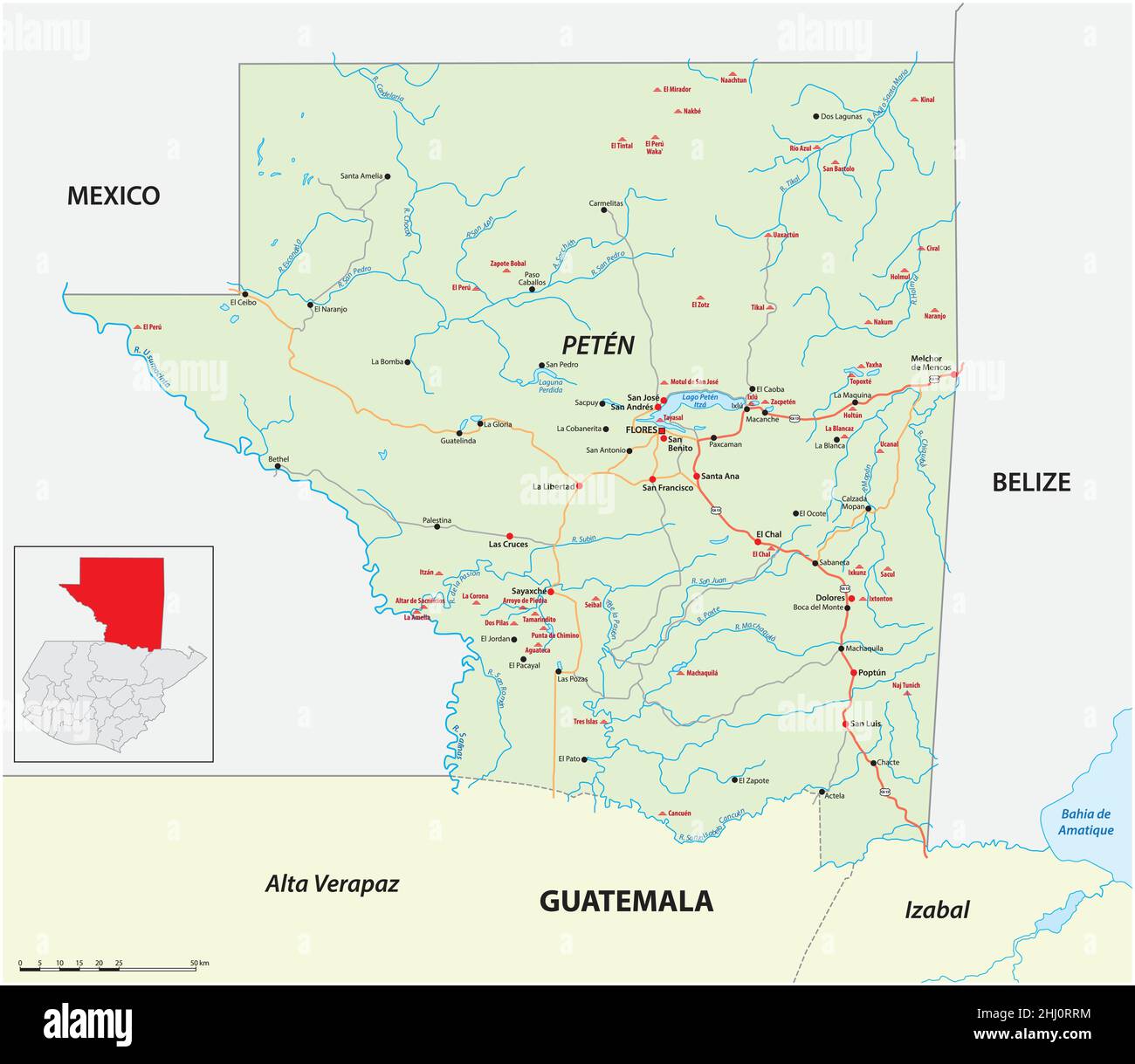 Straßenkarte des guatemaltekischen Staates Peten mit den wichtigsten Maya-Ruinen Stock Vektor