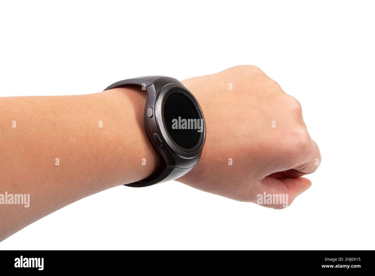 Schwarze Uhr smart auf der Hand isoliert auf dem weißen Stockfoto
