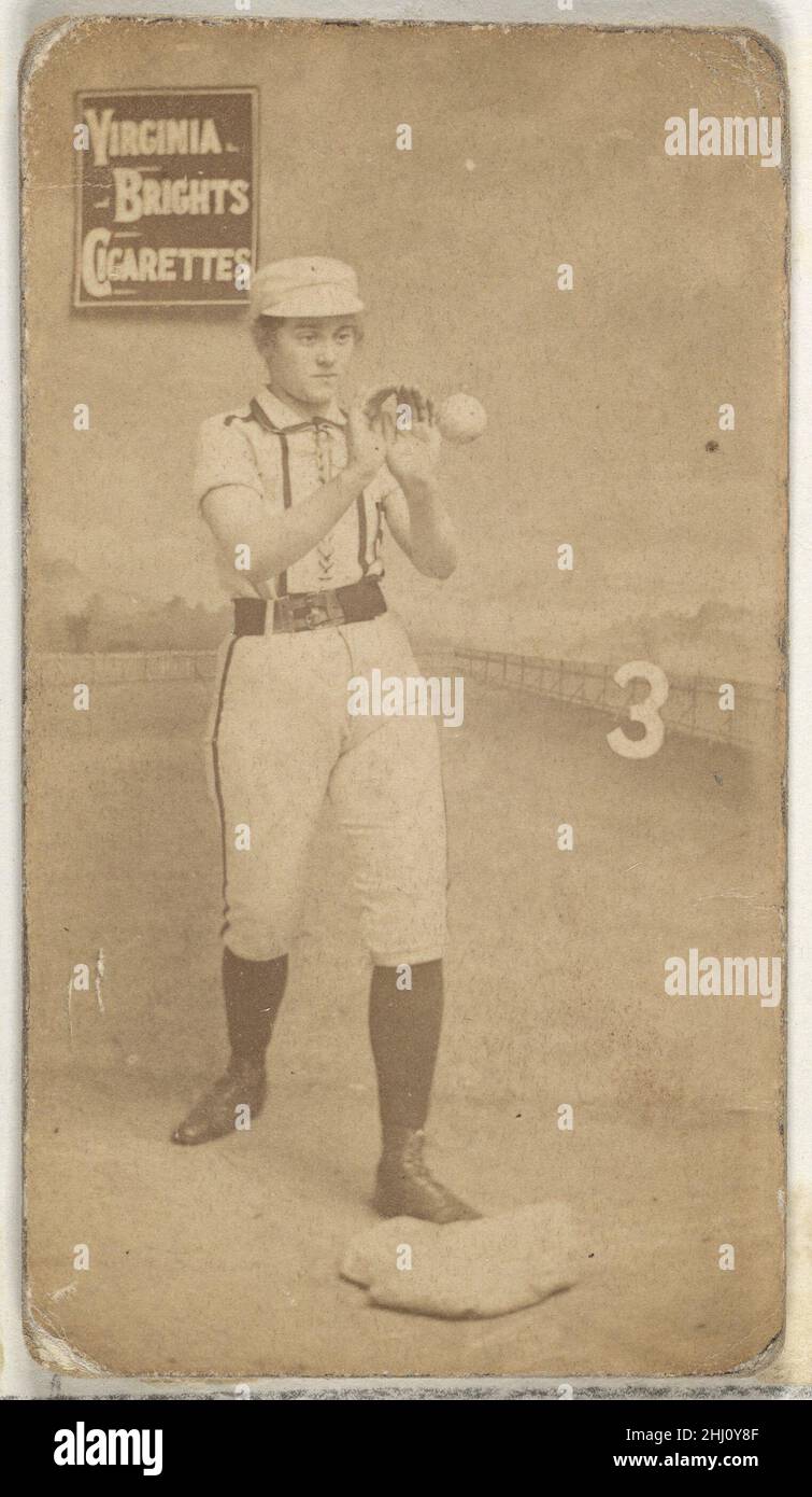 Karte 3, aus der Girl Baseballspieler-Serie (N48, Typ 2) für Virginia Brights Cigarettes 1886, herausgegeben von Allen & Ginter American Trade Cards aus der 'Girl Baseballspieler'-Serie (N48), 1886 von Allen & Ginter herausgegeben, um Virginia Brights und Dixie Cigarettes zu bewerben. Es gibt zwei Arten von Karten in der Serie. Typ 1 zeigt eine weibliche Baseballspielerin in einer Uniform mit einem gepunkteten Lätzchen, und meistens sind die Karten nummeriert. Typ 2 zeigt eine Baseballspielerin in einer Standarduniform, deren Position auf dem Bild vermerkt ist. Karte 3, aus der Girl-Baseballspieler-Serie (N48, Typ 2) f Stockfoto