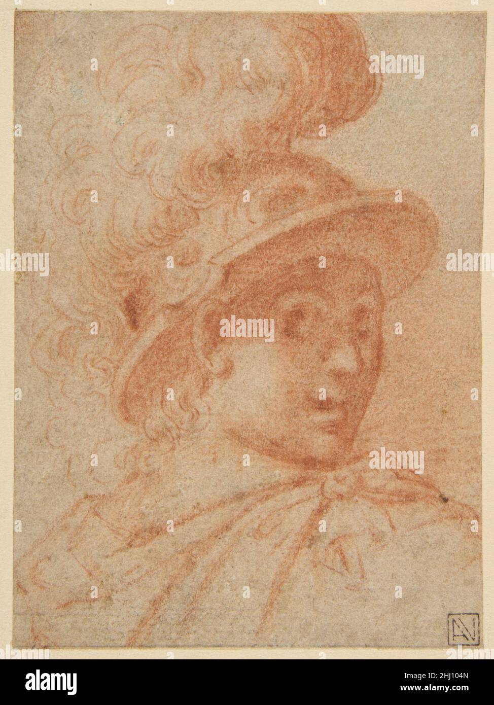 Büste eines Kriegers, der einen geplumelten Helm trägt und über seine rechte Schulter (recto) in Richtung Spectator blickt; Skizze eines Beins (verso) 1605–9 Camillo Procaccini Italienische Detailstudie in roter Kreide für das Gesicht des römischen Soldaten links in Procaccinis Martyrium der heiligen Agnes, gemalt 1605-1609 (siehe gem 65,223). Büste eines Kriegers, der einen geplumelten Helm trägt und über seine rechte Schulter (recto) in Richtung Spectator blickt; Skizze eines Beins (verso) 338499 Stockfoto