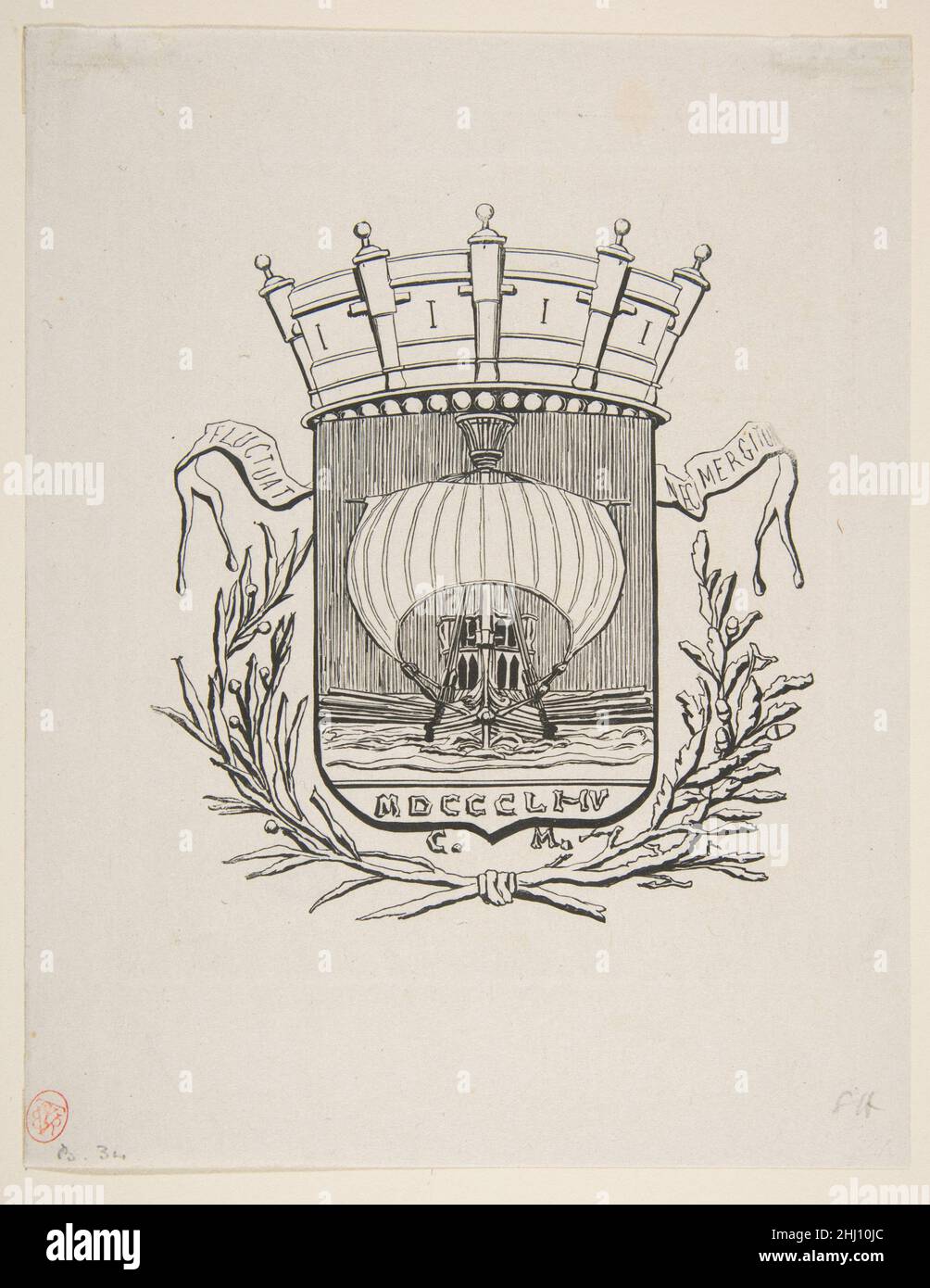Wappen symbolisch für die Stadt Paris mit dem Motto: Rocks but does not sink 1854 nach Charles Meryon Französisch. Wappen symbolisch für die Stadt Paris mit dem Motto: Es rockt, sinkt aber nicht 371686 Stockfoto