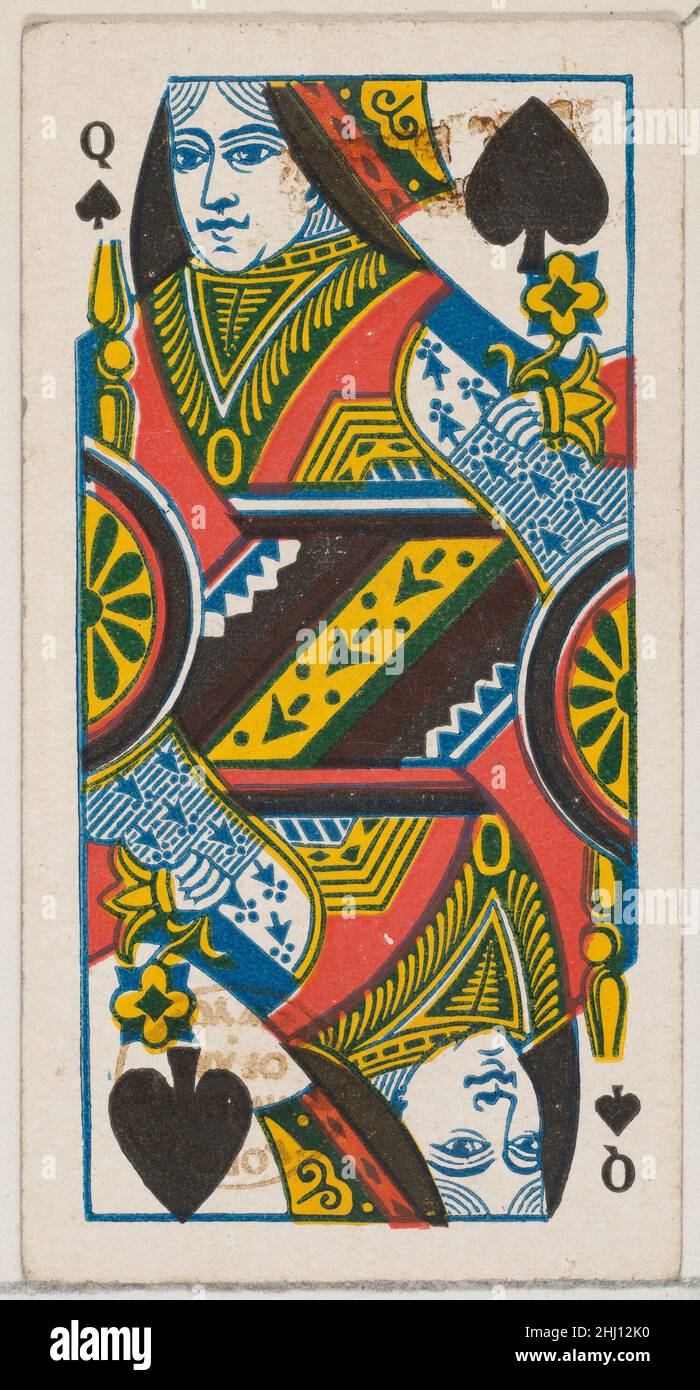 Königin der Pik (schwarz), aus der Spielkarten-Serie (N84) für Zigaretten der Marke Duke 1888, herausgegeben von W. Duke, Sons & Co. American Trade Cards aus der Serie „Spielkarten“ (N84), herausgegeben in einem Satz von 53 Karten im Jahr 1888, um Zigaretten der Marke W. Duke Sons & Co. Zu bewerben. Die Versos zeigen ein passendes abstraktes Blumenmuster. Der Joker und das Pik-As zeigen eine Anzeige für Zigaretten der Marke Duke. Neben den Zigaretten des Herzogs wurde auch der gleiche Satz von Spielkarten veröffentlicht, um die türkischen Cross Cut Zigaretten zu fördern. Königin der Pik (schwarz), aus der Spielkarten-Serie (N84) für Zigaretten der Marke Duke. 1 Stockfoto