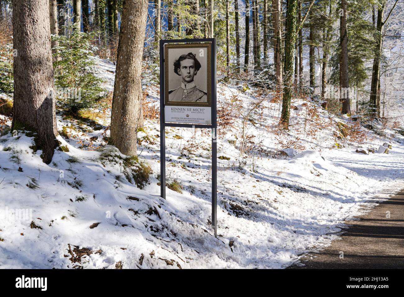 Ein Plakat der Bayerischen Museumsverwaltung für die Schlösser von König Ludwig II. Neuschwanstein und Hohenschwangau im Schwangauer Wald. Stockfoto