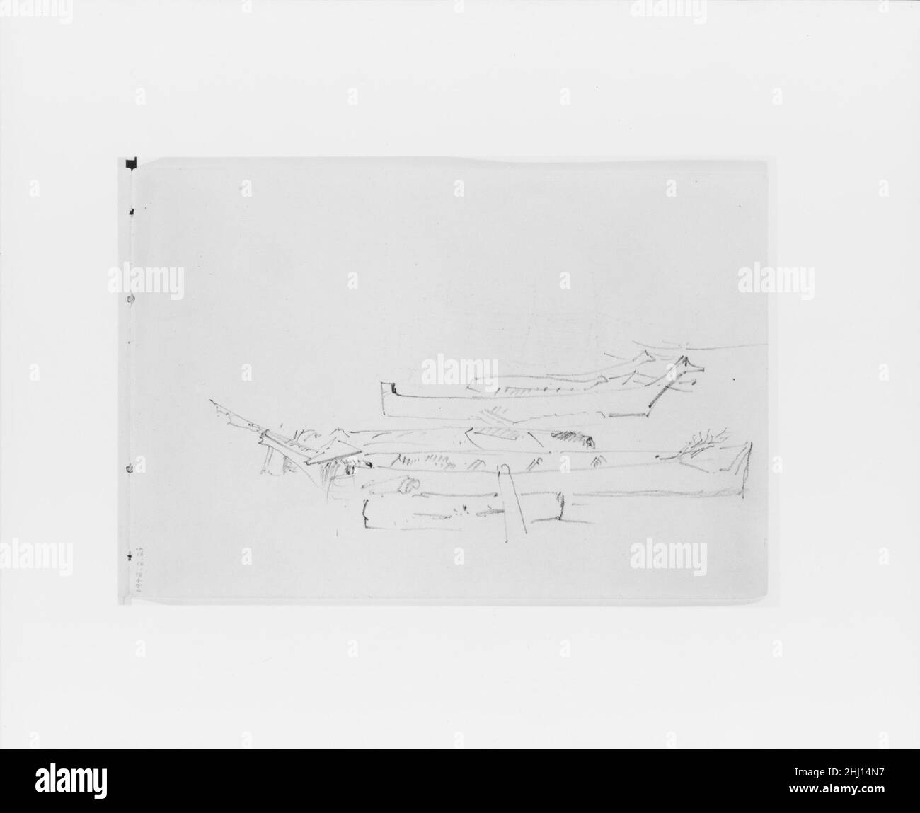 Skizzen von Kanus (aus Skizzenbuch X) 1885 William Trost Richards American Dieses Skizzenbuch enthält 51 Zeichnungen in Graphit und Tinte, hauptsächlich von Landschaften des pazifischen Nordwestens und Meeresmotive. Die Ergänzung der Sammlung dieses und eines weiteren Skizzenbuches (1992,2.1) von New England und Pennsylvania über Landschaft und Meeresmotive durch Richards ergänzt die Palette der grafischen Leistungen des Künstlers nahezu. Die Bücher sind bemerkenswert sowohl für hochgearbeitete Kompositionen als auch für Seiten mit schnellen Notizen, die wahrscheinlich bei Spaziergängen durch das Land entstanden sind. Das p Stockfoto